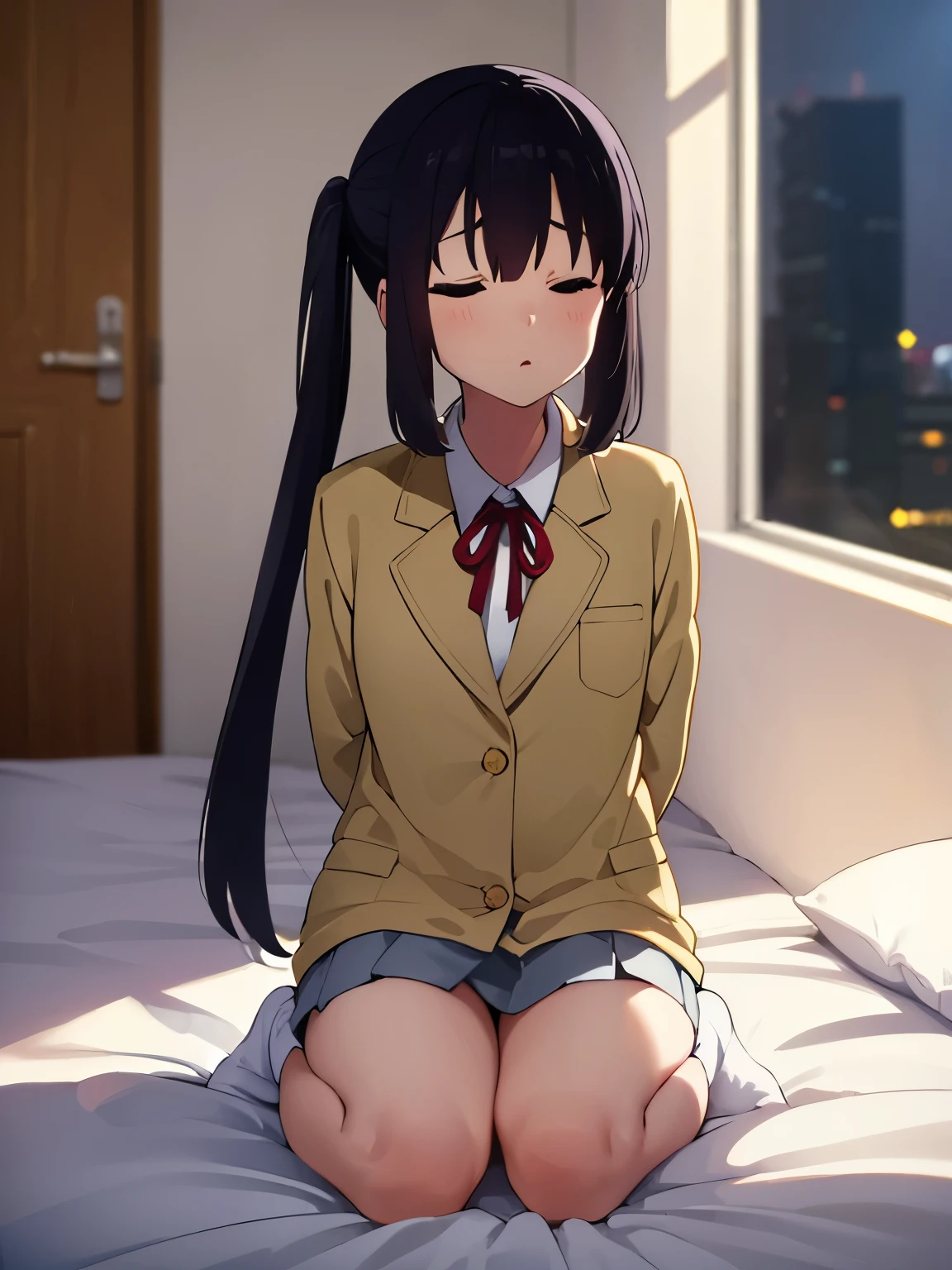 1girl, (((masterpiece))),(((full body))), wallpaper HD, top-quality, top-quality, High Details, nakano azusa, 1girl, Sakuragaoka High School Uniform, student clothes, Twin-tailed, length hair, A dark-haired, brown-eyed, solo, reddish, Dark blue blazer with thin red ribbon, Solid white buttoned shirt under blazer, sleep on the bed, (((fell asleep on the bed))), illustratio, comic strip, soothing tones, Subdued Color, Soft cinematic light, adobe lightroom, photolab, HDR, intricately and hyper-detailed、(((depth of fields))))。(((masterpiece)))。(((top-quality))).)((ultra-detailliert)))。(((illustratio)))。(((takeout))).dynamic focus.big breasts.(((home))).(((A bedroom))).(((sleeping face))).(((up chest))).((Evening)).