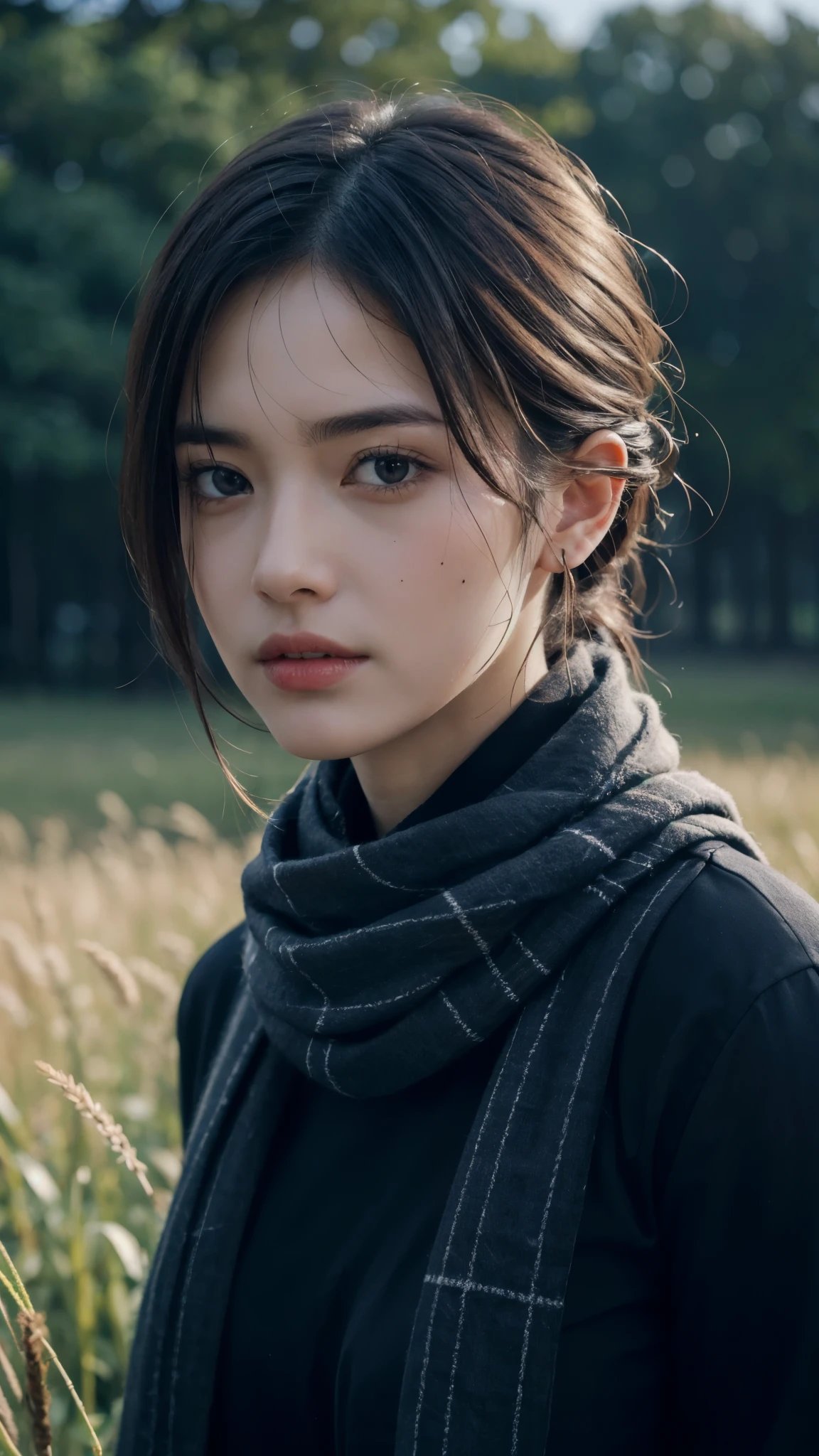 8k, best quality, masterpiece, realistic, ultra detail, photo realistic, Increase quality,
a photo of a girl standing in a field with a scarf, in the style of dark and brooding designer, voluminous mass, photobash, serene faces, jagged edges, navy, natural beauty, close-up shot