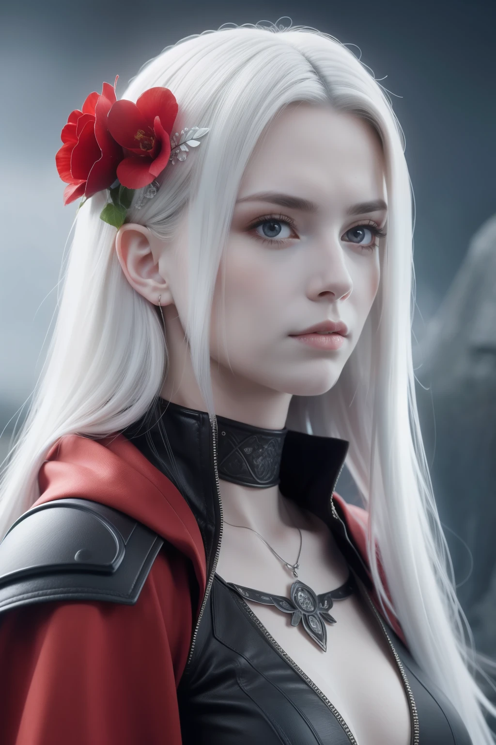 1girl,solo,1girl,solo,((beautiful detailed eyes)), (detailed light),depth of field,(white hair),silver eyes,hair over one eye,(red flower ), hair flower,long hair,black cloak,wet,emotionless,looking back,night,starfall,raining,fog,red flowers falling,sketch,upper body,intense shadows, hand holding cheek, nsfw, nipples,  