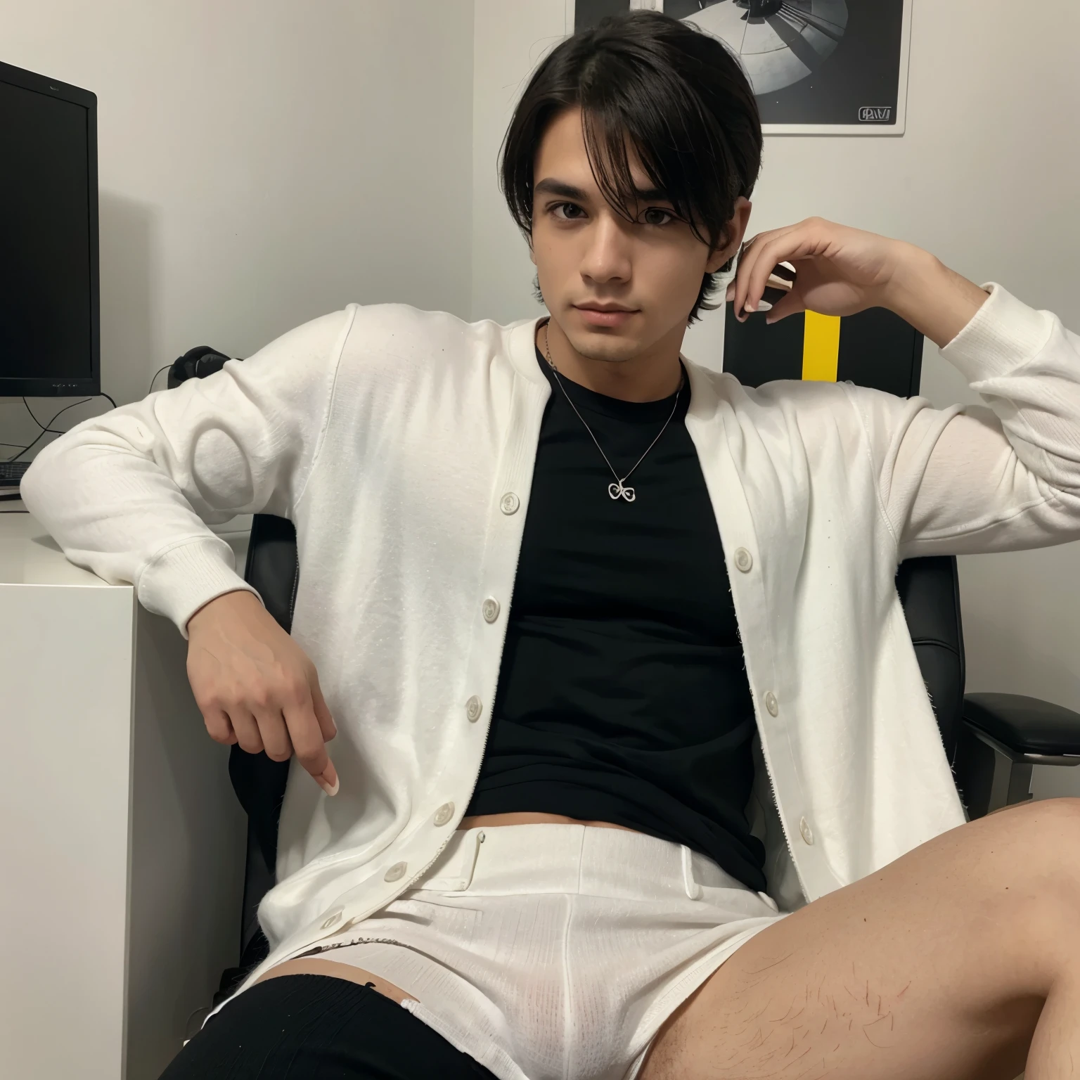 Chico de cabello blanco, piel blanca, sueter negro sentado en una silla gamer mientras mira el celular