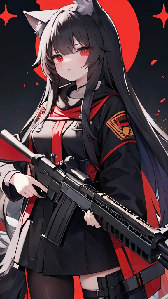 long black hair，Wolf-eared maiden，wolf tail，red eyes，Tactical bomb hanging，holding assault rifle