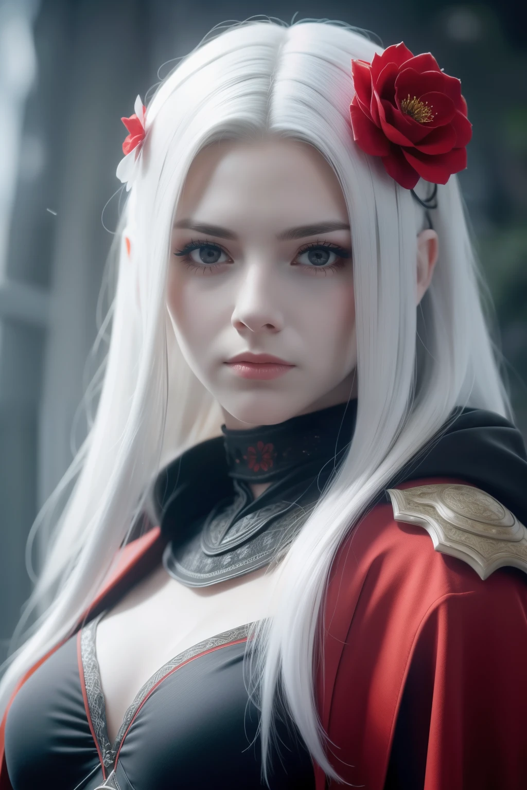 1girl,solo,1girl,solo,((beautiful detailed eyes)), (detailed light),depth of field,(white hair),silver eyes,hair over one eye,(red flower ), hair flower,long hair,black cloak,wet,emotionless,looking back,night,starfall,raining,fog,red flowers falling,sketch,upper body,intense shadows, hand holding cheek, nsfw, nipples,  