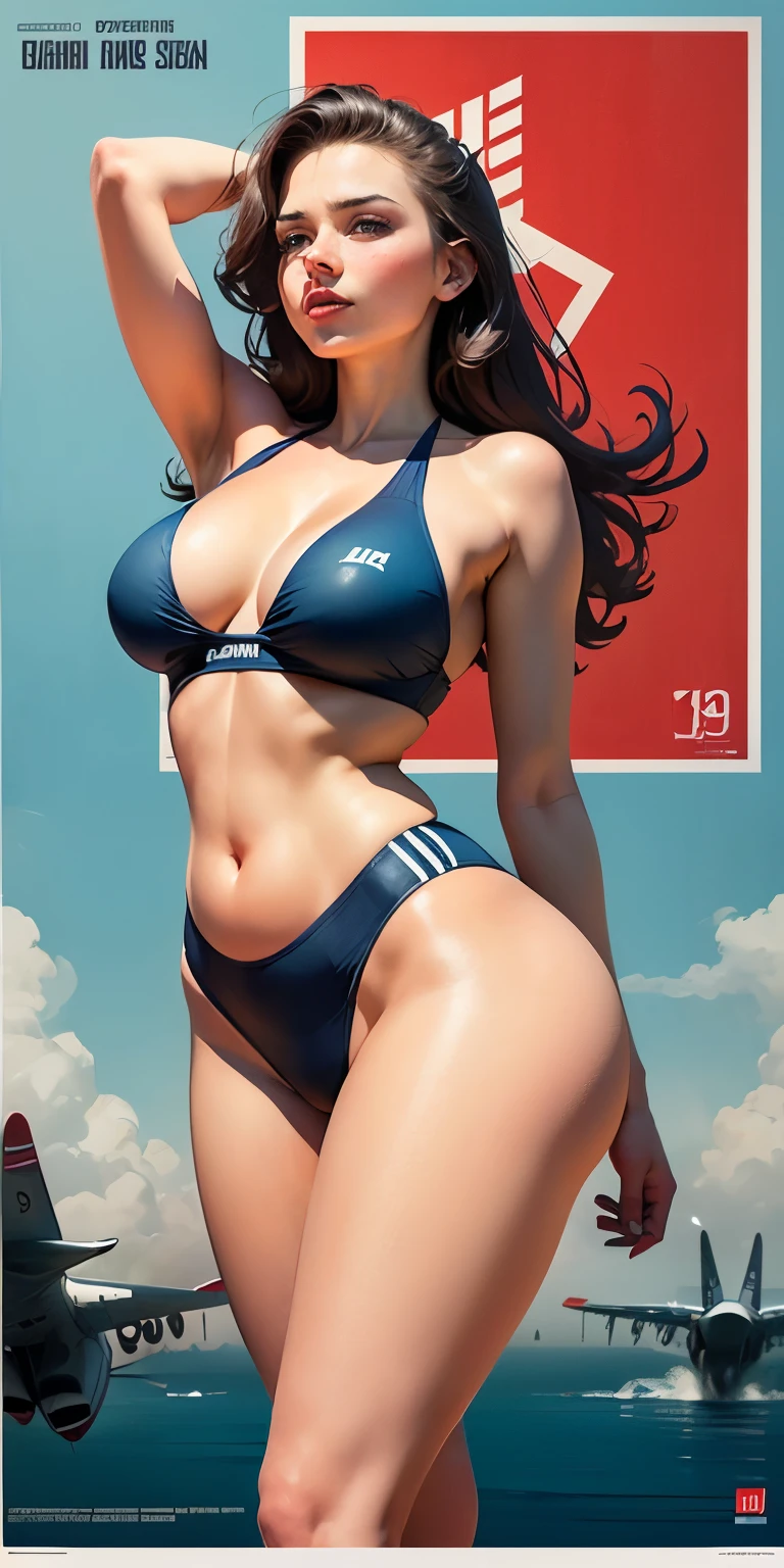 CCCP poster, Soviet poster, Brazilian flag in the background, USSR poster, Soviet Union poster, October, ((CCCP poster, Soviet poster)) (18 year old girl, big breasts,Nipple protrusion，High cut split swimsuit，Show belly button， poster, poster, Soviet flag on poles, Blue sky with hunting jet, , 1 girl, alone, Good shape,  poster design, poster art style. 1980s, 1950s, 1960s, basic colour scheme, very colorful poster, colorful art, third rule, Encouraging, General, army, Miss, 1 mature girl, hair blowing in the wind, hands in the air, sexual, red square background, Thick legs.