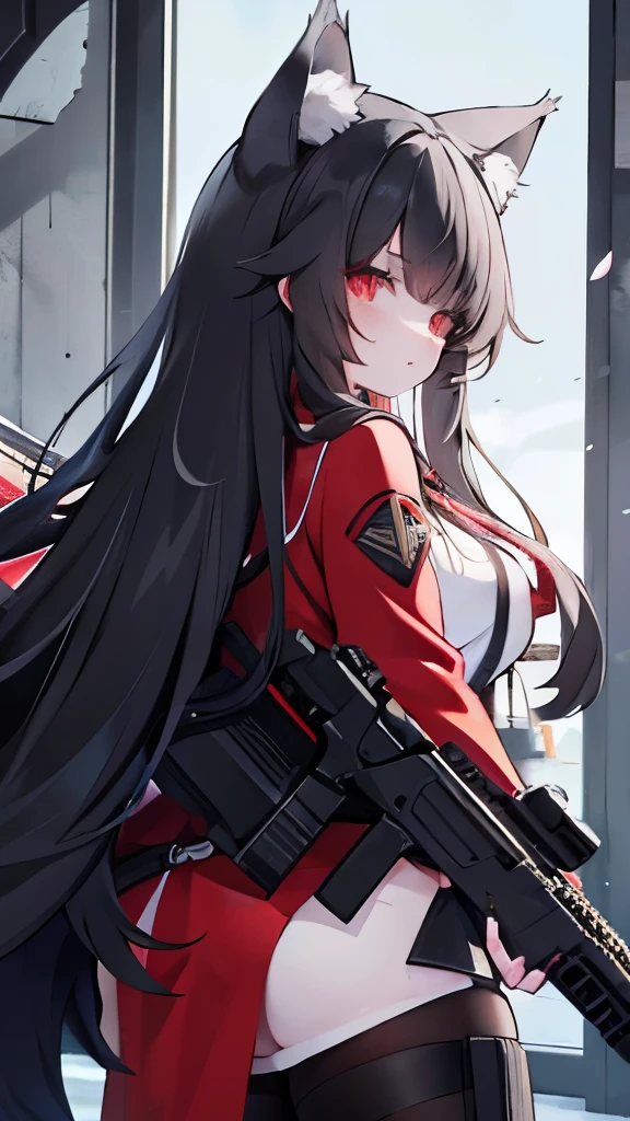 long black hair，Wolf-eared maiden，wolf tail，red eyes，Tactical bomb hanging，holding assault rifle