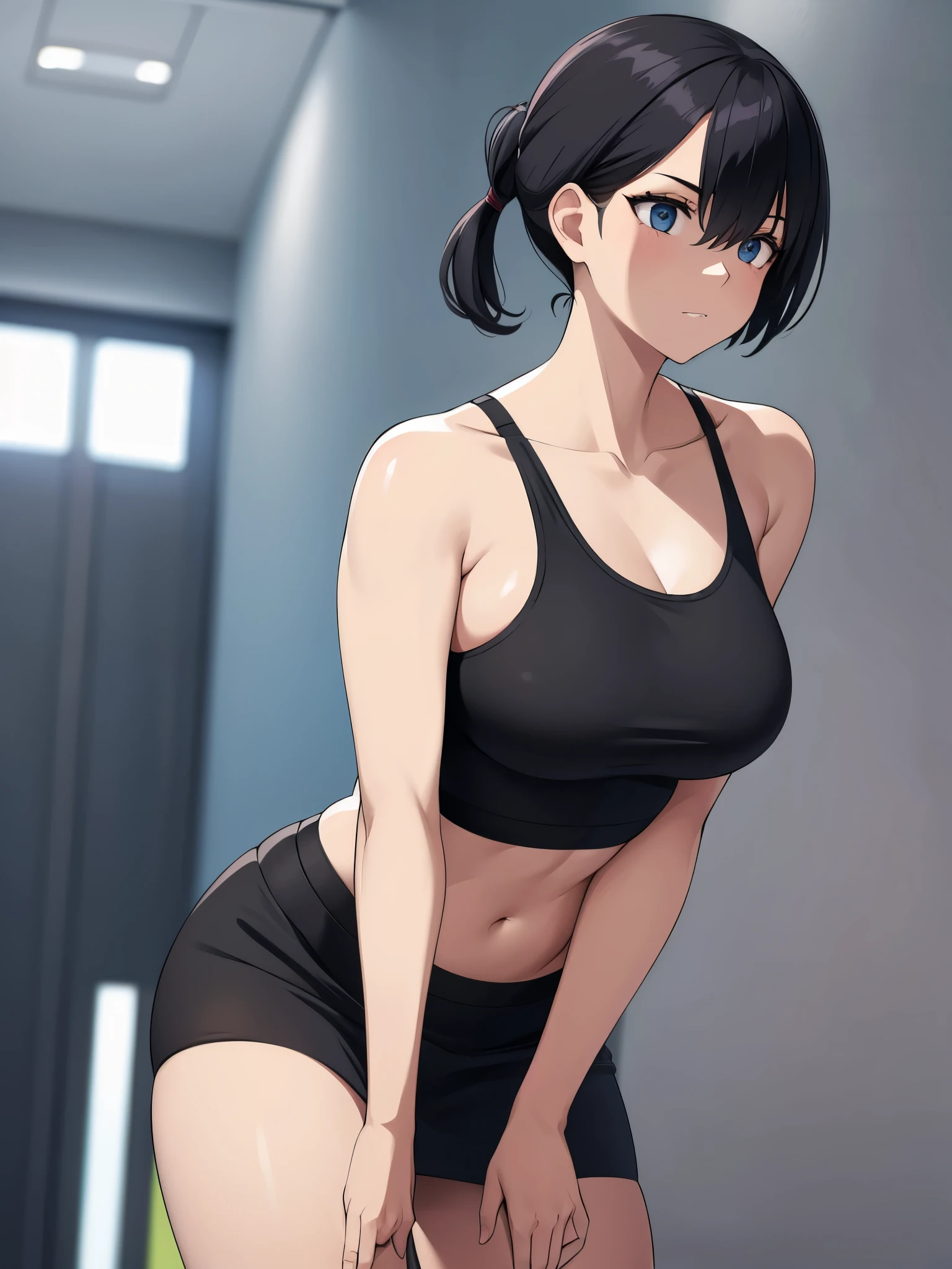 1girl, medium breasts, black short hair, ponytail, short skirt, sport bra, assassin