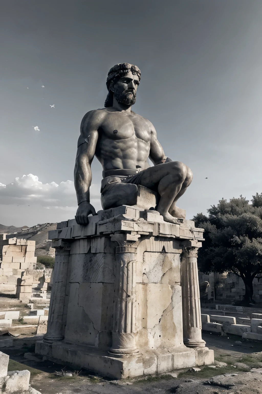 A dark landscape image of an ancient greek society deeply connected to stoicism, black and white, ancient greek architecture, include one single big statue of a stereotypical strong greek man, marcus aurelius --ar 16:9 --style