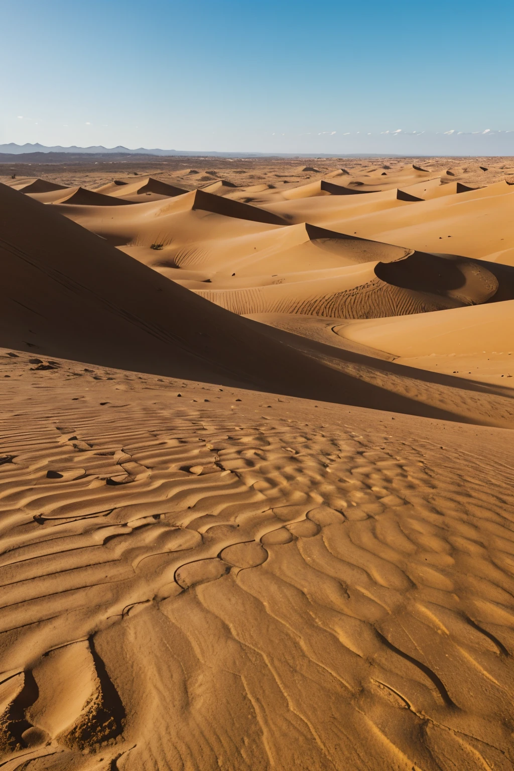 large, warm desert covered in fine brown sand that forms huge dunes with an ancient structure