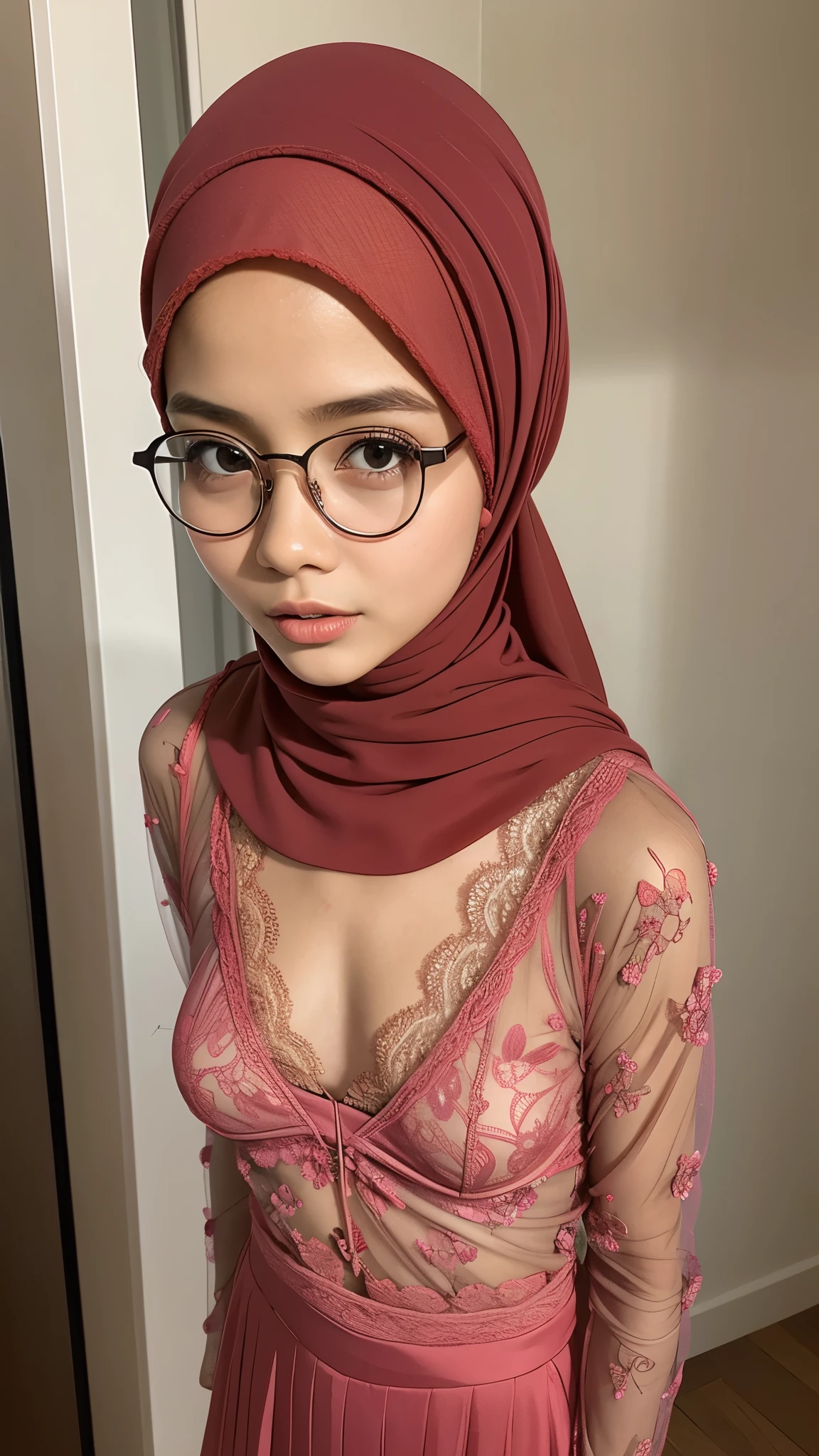 Wearing Overalls, Very cute and -like face, Naked bra & panty, (((HIJAB MALAY GIRL))), masutepiece, High quality, UHD 32K, Realistic face, Realistic skin feeling , A Japanese Lady, 8 yearVery cute and baby-like fac((FLAT CHEST))), (MATRIX WORLD), ((look In front  at the camera and OPEN YOUR MOUTH)), ((())), (((CUTE GIRL))), ((TRANSPARENT)), ((RED LIPS)), ((SPECTACLES)), pastel panty