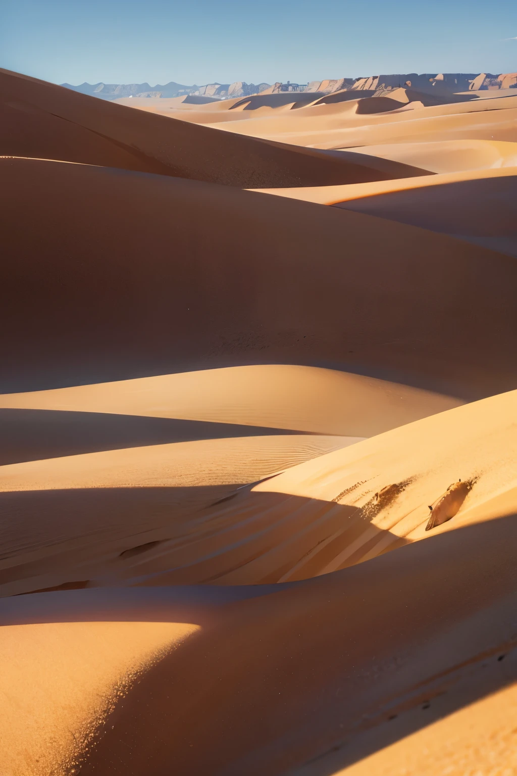 large, warm desert covered in fine brown sand that forms huge dunes with an ancient structure