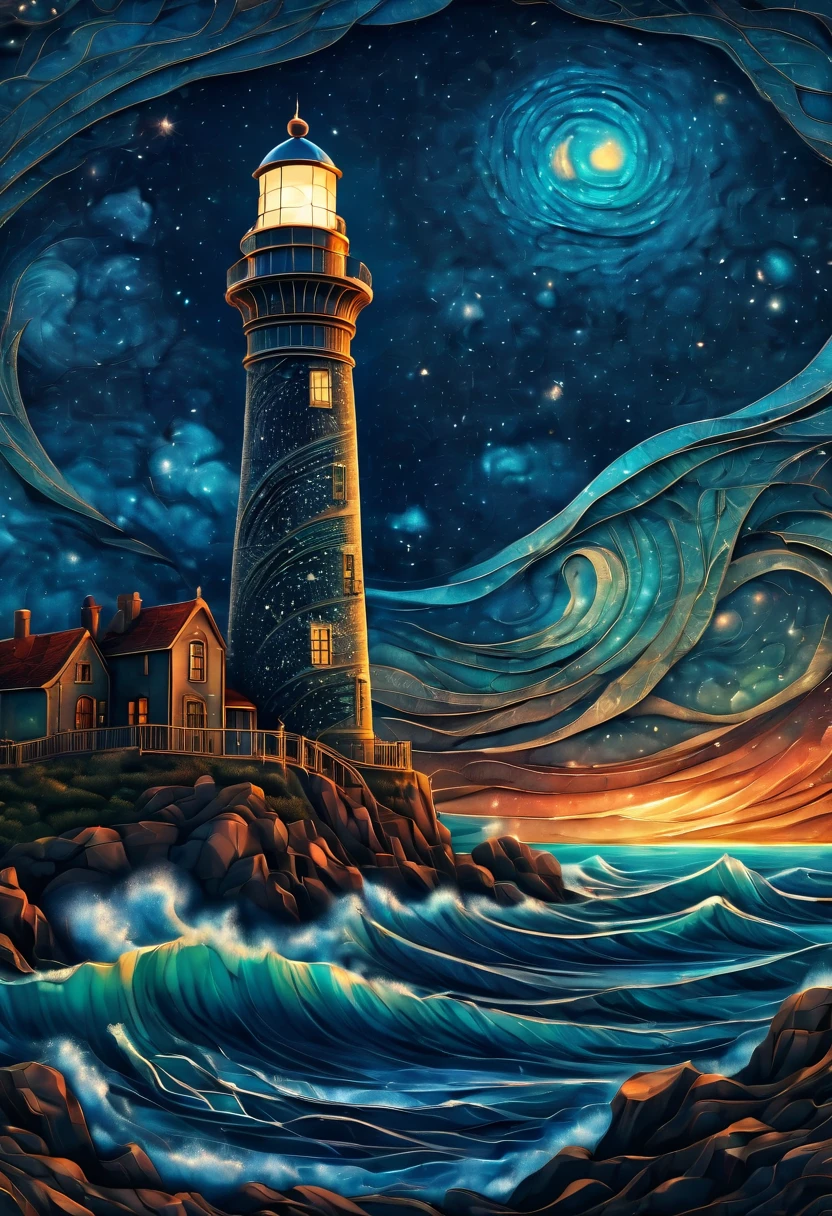 Magical starry cracked sky. zentangle art deco style Lighthouse, art deco style science fiction, magical art deco style future sea in background, vincent van gogh, about the curvature of space time, dark tones, (best quality,4k,8k,highres,masterpiece:1.2),ultra-detailed,(realistic,photorealistic,photo-realistic:1.37), aerial view, from above,