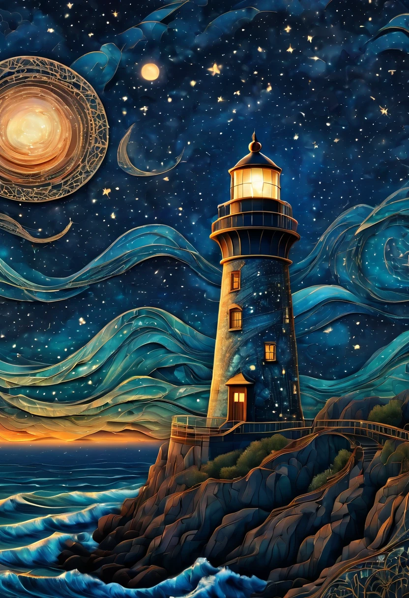 Magical starry cracked sky. zentangle art deco style Lighthouse, art deco style science fiction, magical art deco style future sea in background, vincent van gogh, about the curvature of space time, dark tones, (best quality,4k,8k,highres,masterpiece:1.2),ultra-detailed,(realistic,photorealistic,photo-realistic:1.37), aerial view, from above,