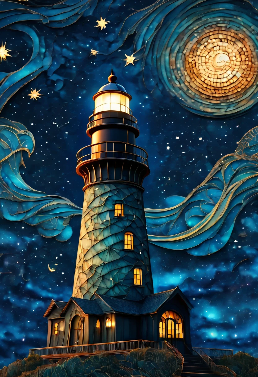 Magical starry cracked sky. zentangle art deco style Lighthouse, art deco style science fiction, magical art deco style future sea in background, vincent van gogh, about the curvature of space time, dark tones, (best quality,4k,8k,highres,masterpiece:1.2),ultra-detailed,(realistic,photorealistic,photo-realistic:1.37), aerial view, from above,