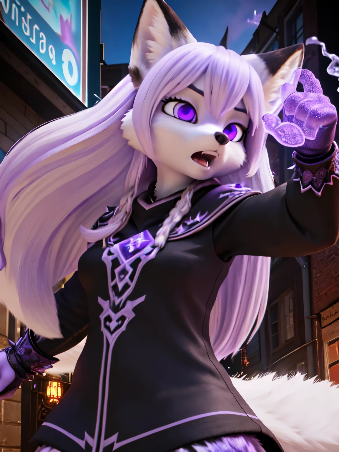 3d,(A white female fox furry), bbw,white fur,lilac long hair, violet laminating eyes, black fur on ears, octaheadron violet crystal on neck,black poncho,magic, warlock,dynamic, in downtown, angry and wicked face, punching on viewer
