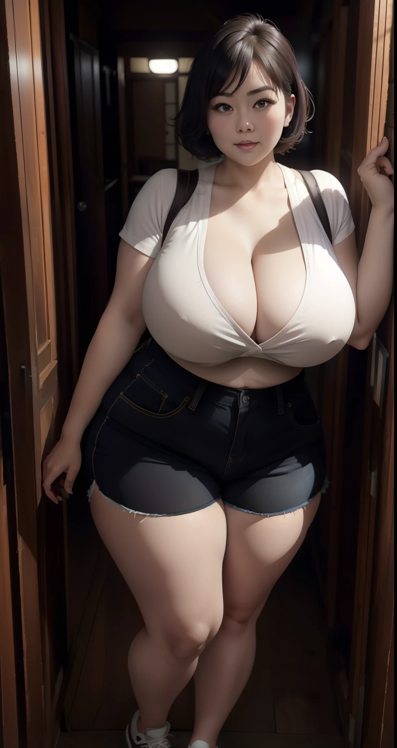 woman shorts hairstyle Leaning against the wall of the dark room, plus size, plus size woman,  thicc,  ,bbwchan, large cleavage, very large cleavage, massive cleavage , wearing a sneakers, 35 years old woman, asian women , short hair , full body, japanese milfs, nudes, showing her nipples, vagina, seductive 