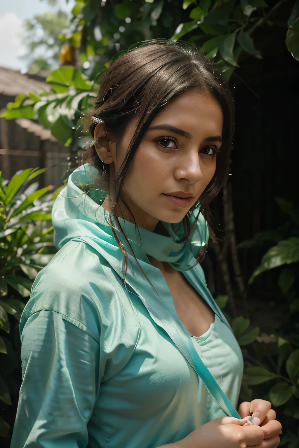 arafed woman in a green gym costume,holding a iphone, a pastel by Emma Andijewska, trending on cg society, hurufiyya, flowing aqua silk, candid shot, candid picture, close portrait, long shot,extreme, desi