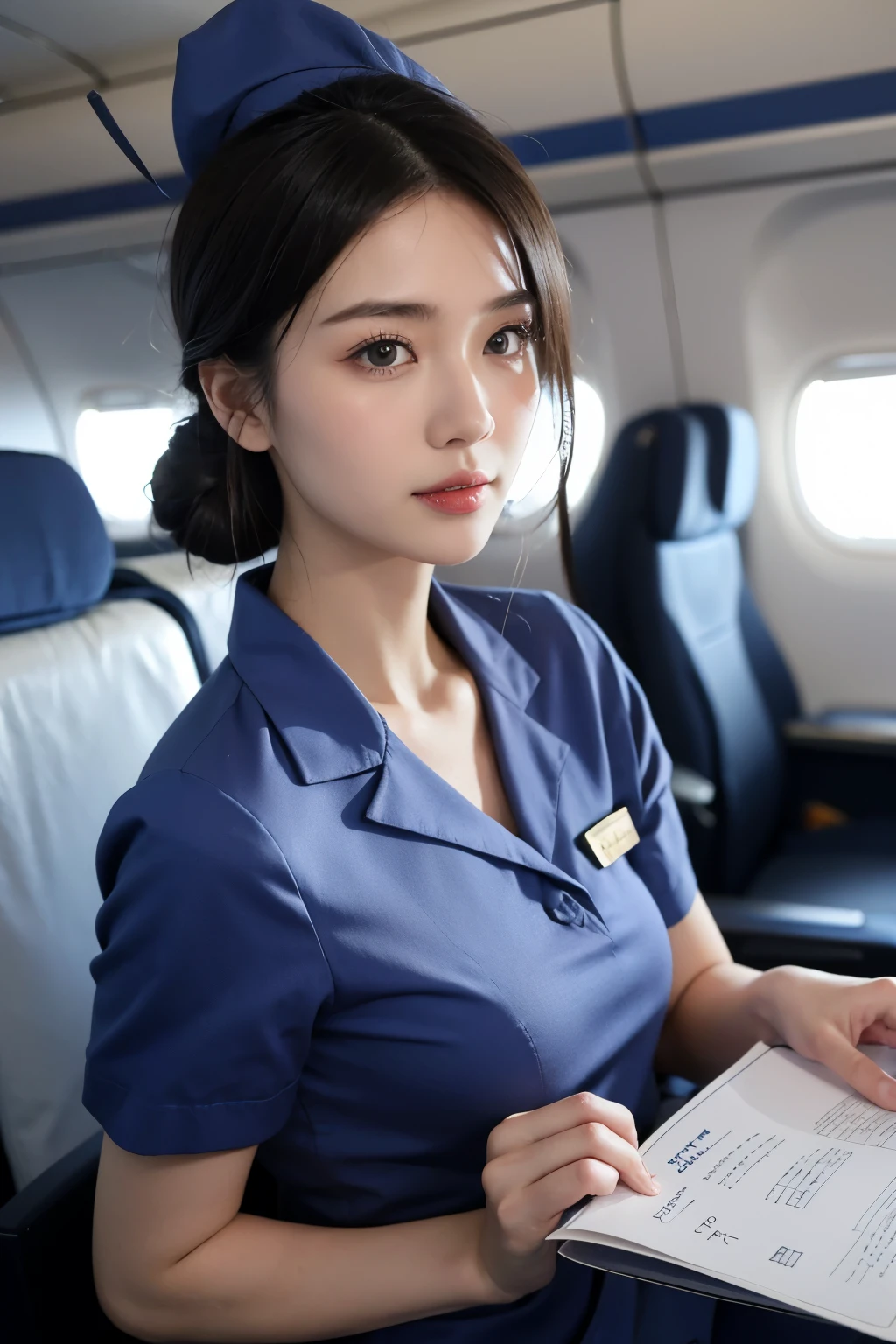 Ultra-realistic 4k photos, surreal, focus, perfect face, pretty face, Many exquisite details, photography, photorealism, best quality, supreme detail, third person perspective, long term exposure, 8k, super high quality, Super detailed, award-winning photography, 
Air, On the plane, Airline stewardess穿蓝色，Wearing a blue flight attendant hat，Hair tied into a bun，Airline stewardess， flight attendant wearing blue，HAir tied into a bun，Japanese，Japanese beauty，, whole body, white skirt, blue short sleeve 韩国 Airline uniform,