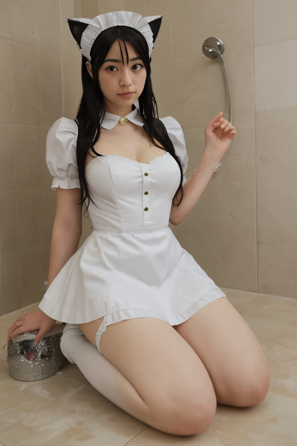 hyperrealistic), (illustration), (high resolution), (32K), (extremely detailed), (best illustration), (beautiful detailed eyes), (best quality), (ultra-detailed), (masterpiece), ( wallpaper), (detailed and delicate face), solo, pee yourself, pee on legs, surrounded by other people, highly detailed face and skin texture, detailed eyes, double eyelids, twisted braid with ball head with hairpin, large-rimmed glasses, pink tulip sweet pure lust print embroidered swimsuit, Wearing cat ears, kneeling on both knees, nervously bowing her head, shy, embarrassed and shocked, standing with her legs open, on the dry toilet floor, a small puddle of her own urine is forming around her feet, very desperate to urinate, pee, wet yourself, urinate, tears, fear, despair, panic, high detail, ballet dancing with a belly in October pregnancy, feet in ballet shoes, (dynamic pose), 1 girl, white wavy hair on the toilet bowl, Korean, heterochromia, small moles under the eyes, (( Apron)), big breasts, long legs, tight abs, wearing large round frame glasses, (camel toe), (black and white stockings), (no panties), (no bra)