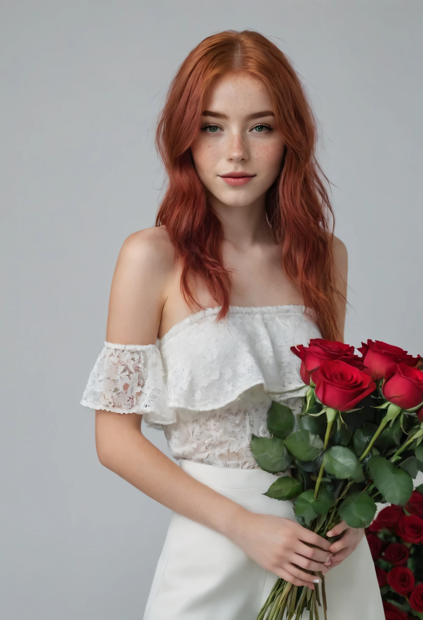 ((best quality)), ((detailed)),(masterpiece), ((cute perfect face, young 18 years old girl, skinny legs, skinny thighs, skinny waist:1.1)), ((red hair), (freckles:0.9), green eyes, ponytail red hair), hold few of red roses, half close eyes, blink, slight smile