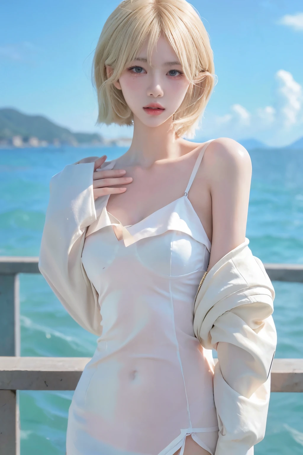 (masterpiece:1.3), (8k, Realistic, RAW Photos, highest quality:1.4), (Realistic face), (blonde, short hair:1.3), Beautiful Hairstyles, Realistic eyes, Beautiful little blue eyes, (Realistic skin), (Beautiful Skin), ((((Naked on the beach)))), charm, Ultra-high resolution, Golden Ratio, Long limbs、the body is slim、((Scandinavian beautiful girl))、((smile)), ((Full Body Shot))、((((Spread your legs))))