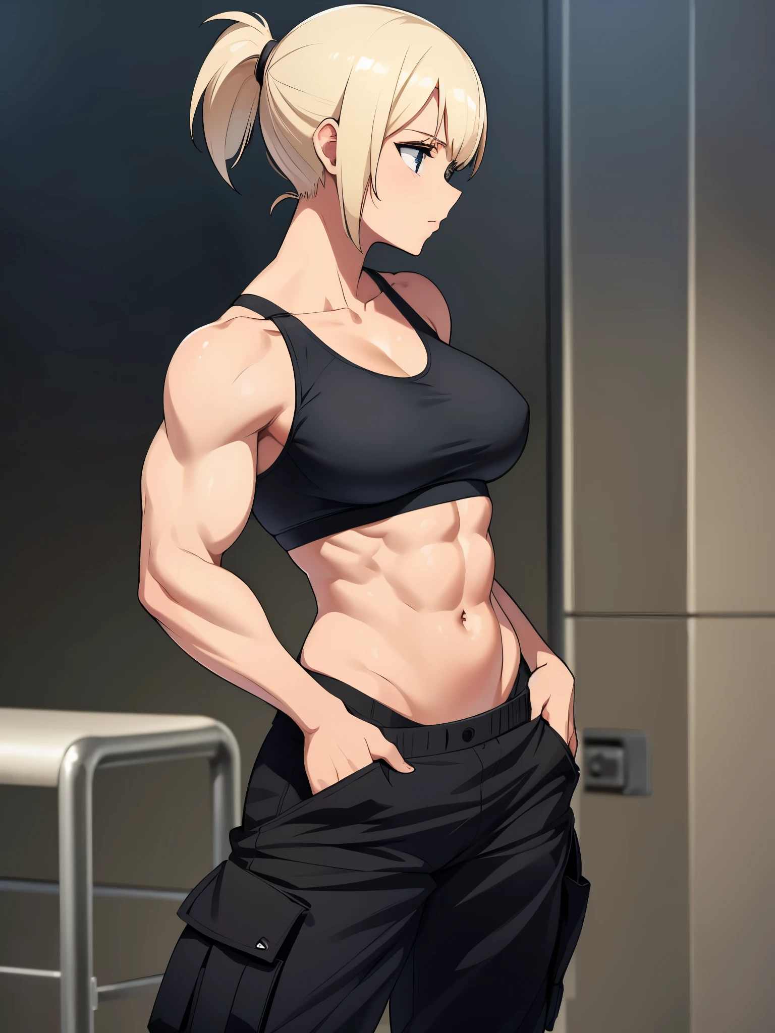 1woman, muscles, short hair, ponytail, black cargo pants, medium breasts, sport bra