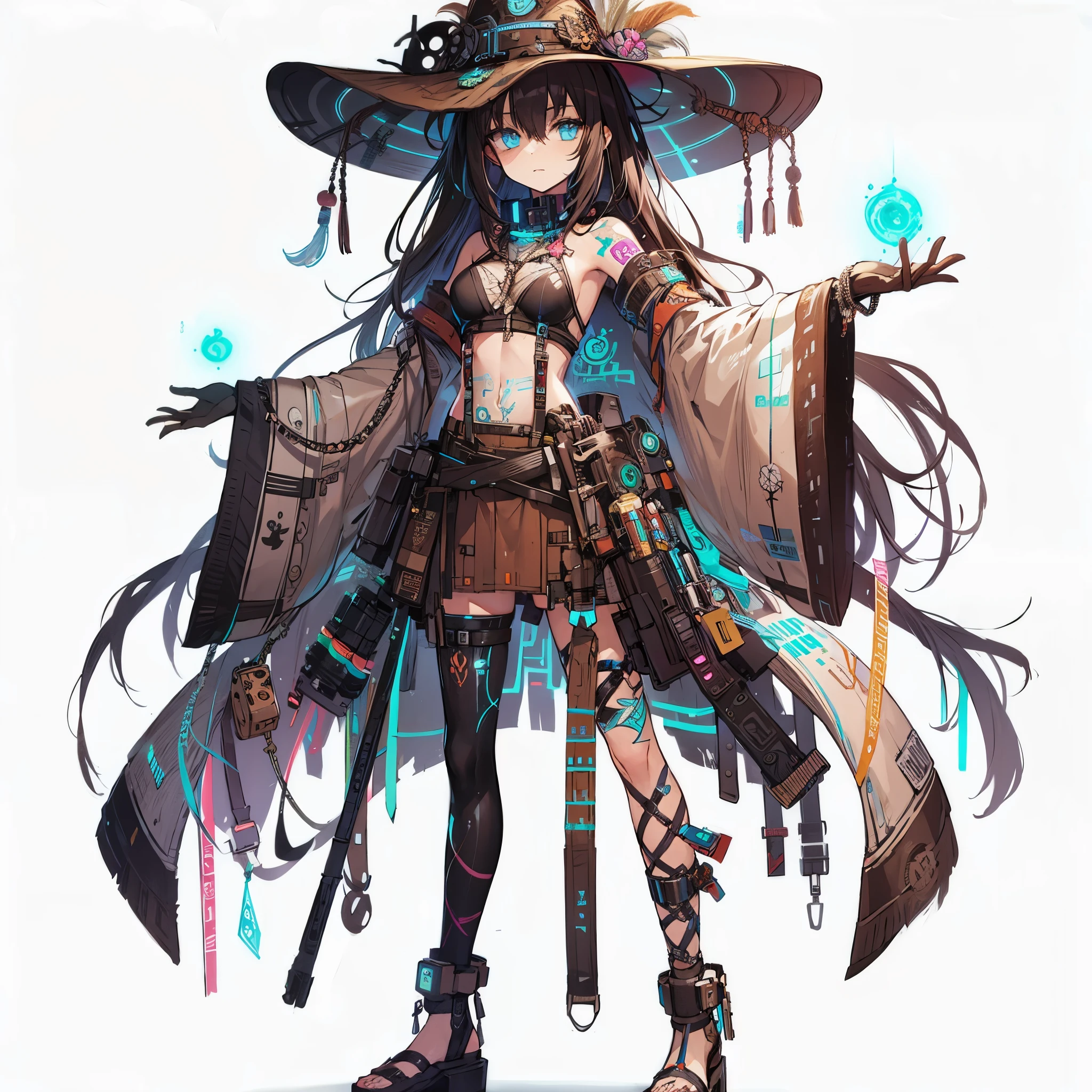 (masterpiece, best quality), ultra detailed, anime style, full body, solo, Cyberpunk Witch Doctor Girl, dark brown hair and brown skin, neon blue eyes and full body neon light tattoos, dressed in ancient ethnic costume, wearing sandals, standing in wasteland, digital painting, 8K high resolution, art station trend, white background, whole body,