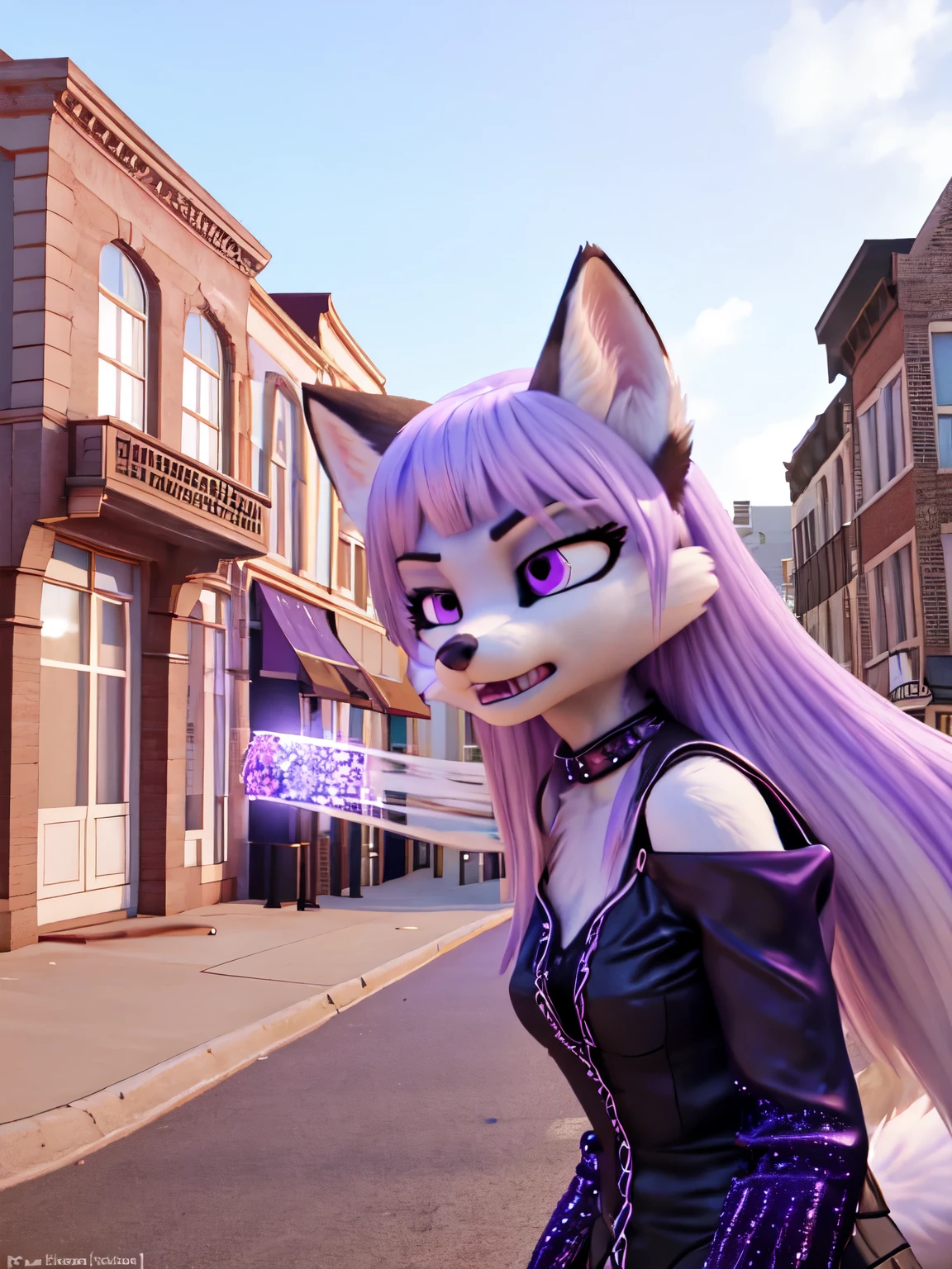 3d,(A white female fox furry) ,white fur,lilac long hair, violet eyes, black fur on ears, octaheadron violet crystal on neck,dynamic, in downtown, angry