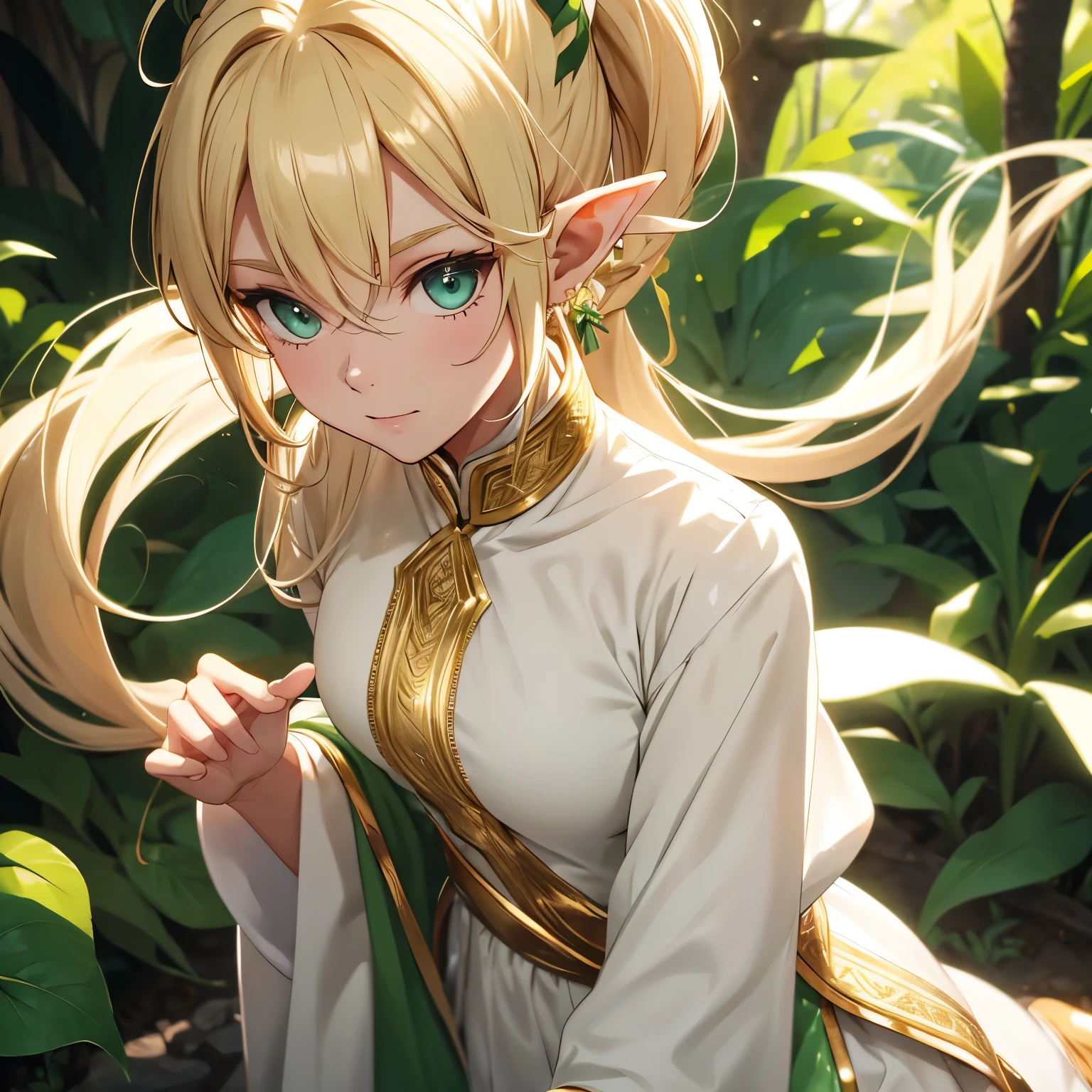 elf with golden hair, ponytail hair, long white clothes adorned with light green, brown eyes