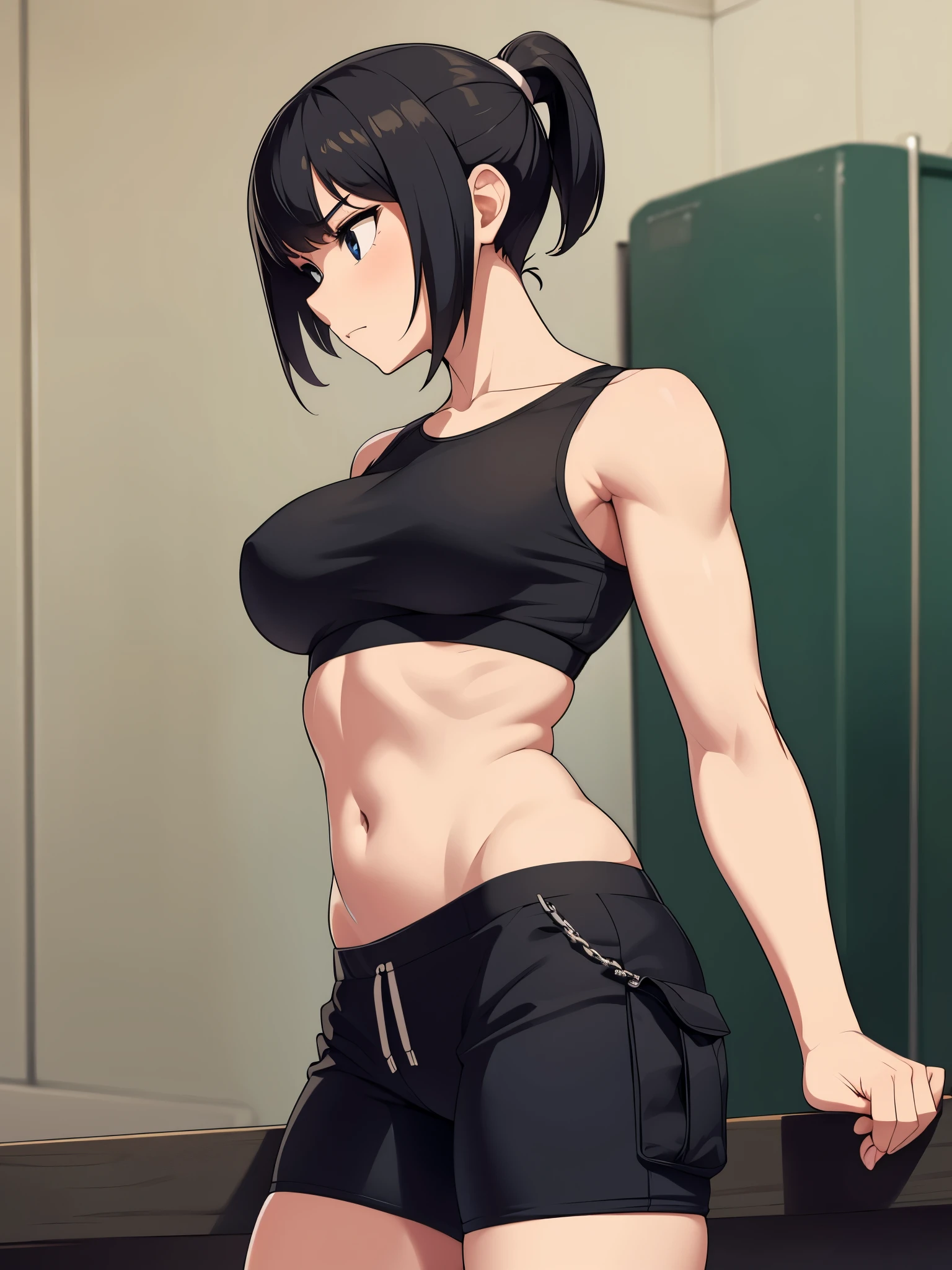 1girl, slim body, short hair, ponytail, black cargo pants, medium breasts, sport bra