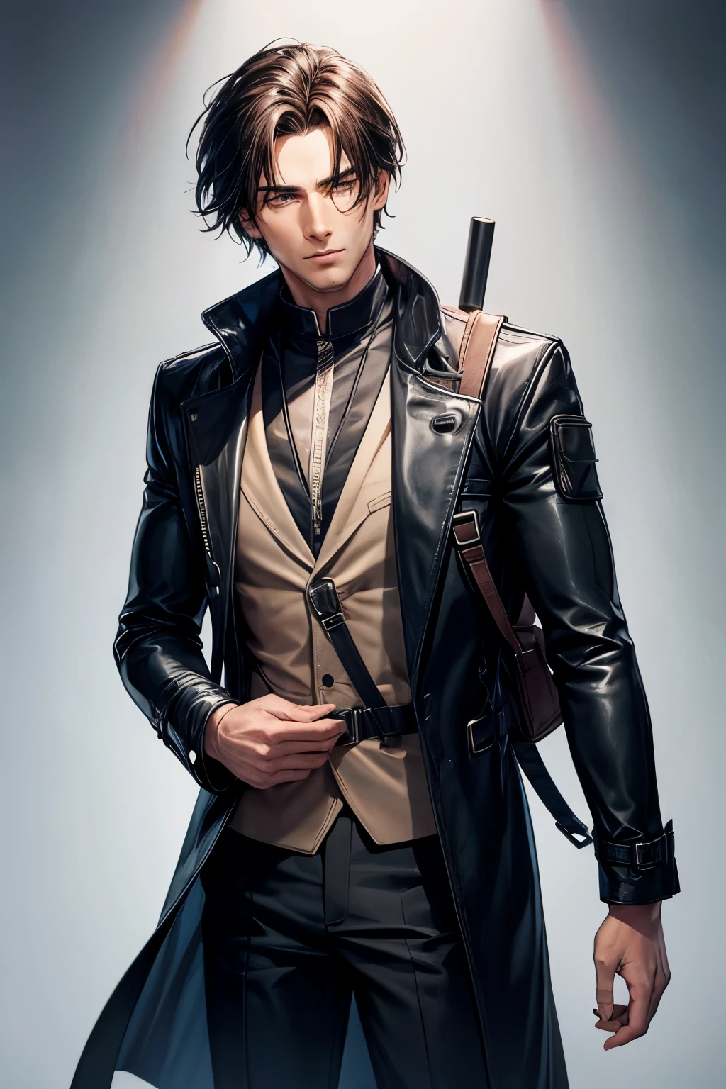 Man in long leather coat with pistol and a backpack