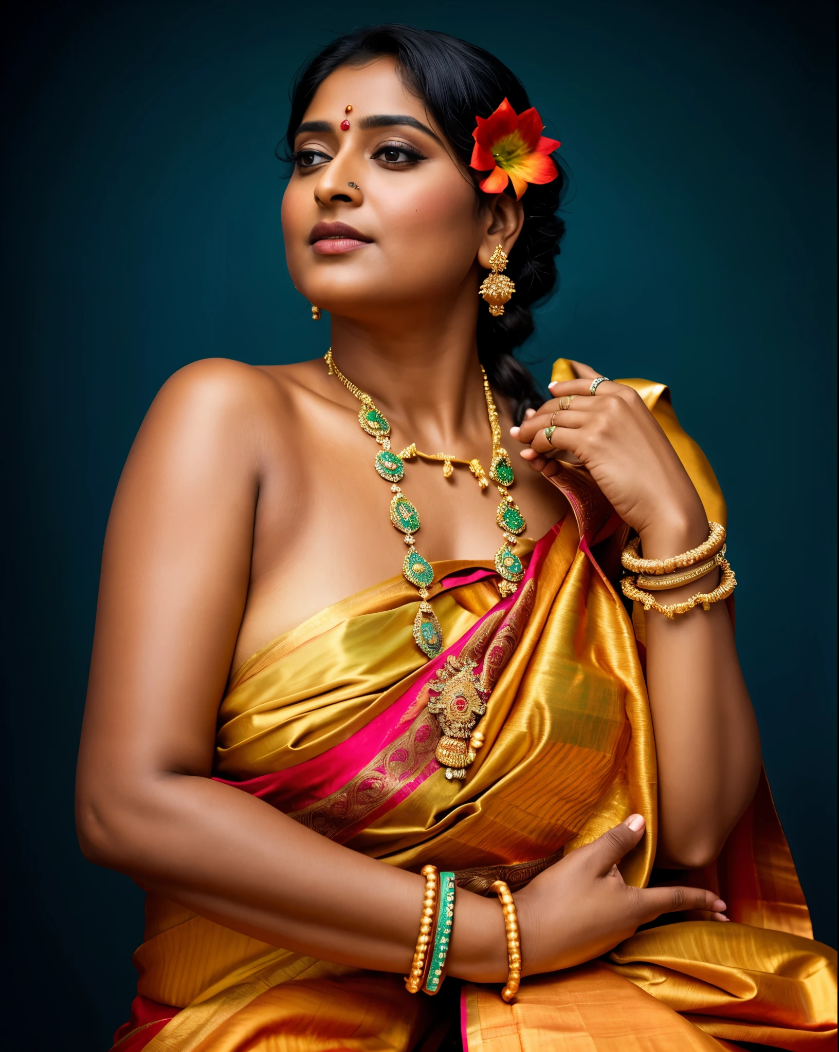 Foto RAW, photorealistic, photography, full body shot, master shot, Saree model, model Photography, Indian saree shoot, Indian traditional wear advertising photography, traditional wear brand shoot, face of Indian actress Anushka shetty, masterpiece, realistic, realism, photorealism, high contrast, photorealistic Artstation 8k HD digital art trend of high definition and detailed realistic skin texture, ultra detail, realistic skin texture, armature, best quality, ultra high definition, (photorealistic:1.4),, high resolution, detail, raw photo, Re sharp, by Lee Jefferies Nikon D850 Film Stock Photo 4 Kodak Portra 400 Camera F1.6 Lens Rich Color Ultra Real Realistic Realistic Textures Dramatic Lighting Unreal Engine Trending at Art Station Cinestill 800,(pele altamente detalhada: 1.2), 8k UHD, DSLR, soft-lighting, alta qualidade, grain of film, Fujifilm XT3