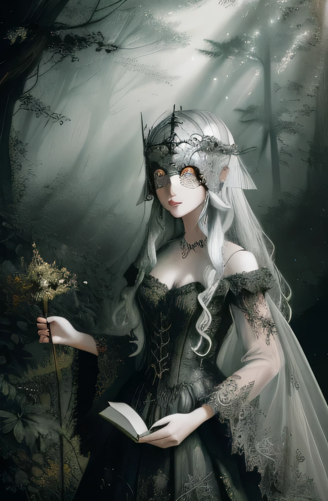 a woman wearing a silver blind mask, gothic dress, lace trim, tone mapped, detailed, highly detailed, digital painting, artstation, concept art, smooth, sharp focus, beautiful illustration, photo, dramatic lighting, god rays, fog, outdoors, dense forest, (natural background), intricate, film grain, professional, taken by a canon eos r5, facing the viewer,