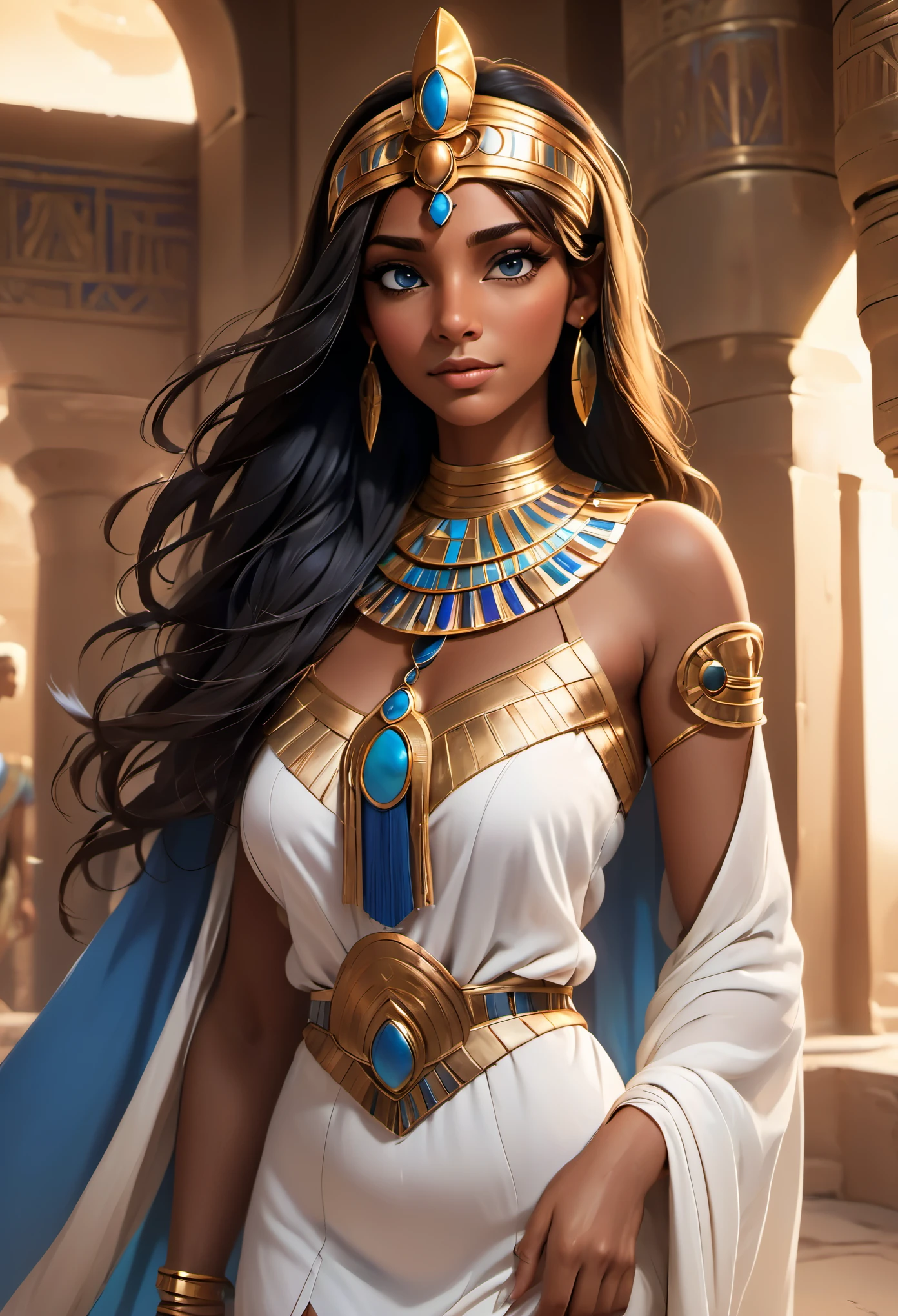 1girl, ancient egypt era, hair bangs, long hair, egyptian queen, tan skin, (brown skin), blue eyes, white egyptian dress, short skirt, middle-aged woman, mature woman, mother, ancient egypt palace, thick body, venus body, close up, indoor, dark room