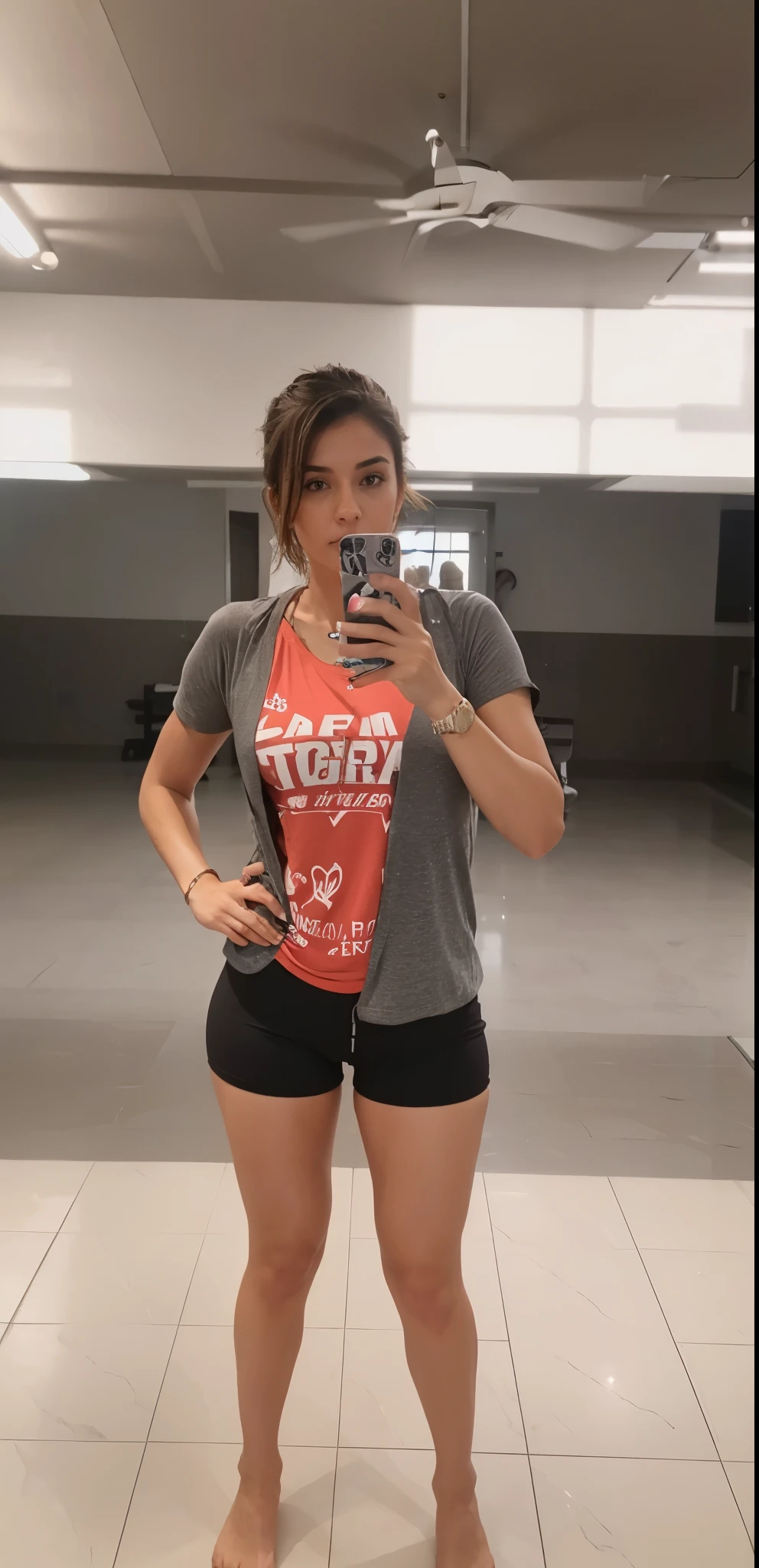 Uma mulher extremamente realista, muito linda, cabelo curto, Channel, short curto, selfie, sexy, bunda grande, pernas grossas, fitness