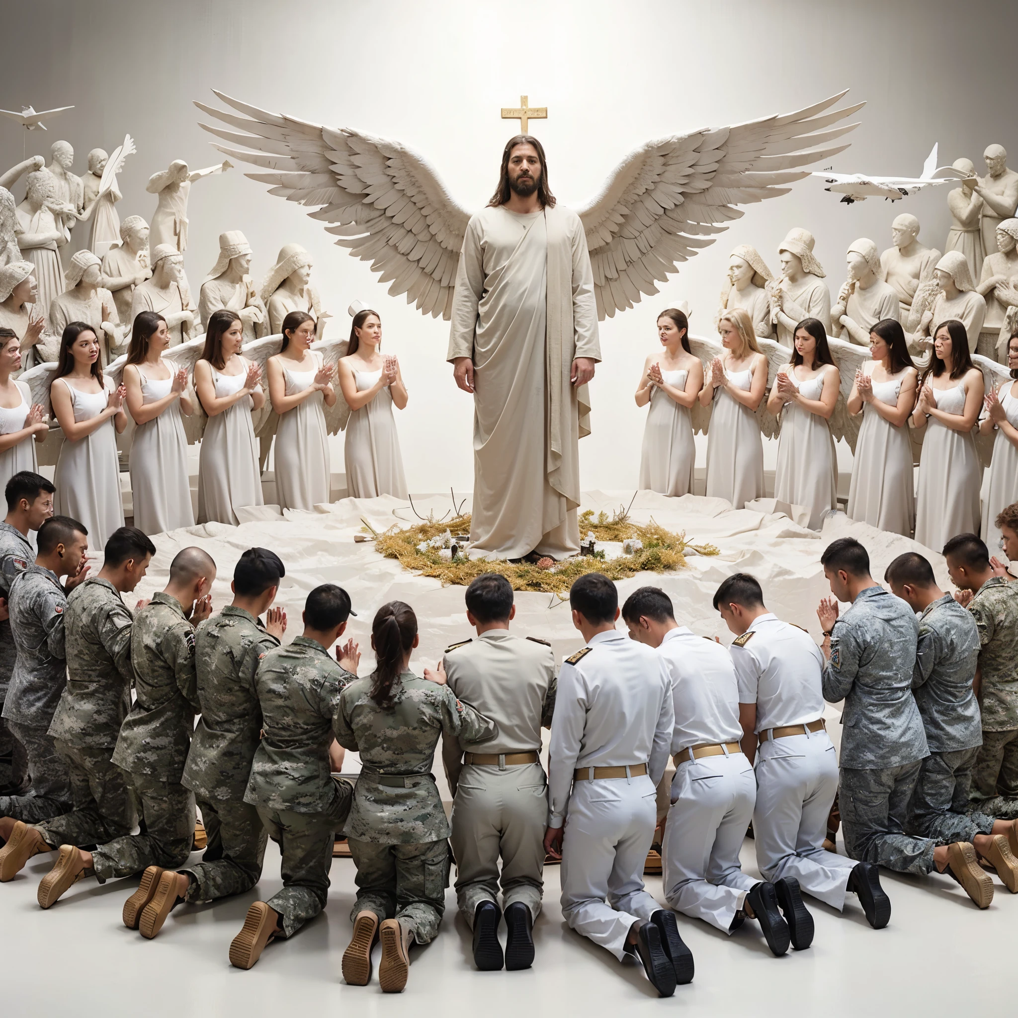 A painting of a group of soldiers kneeling before Jesus Christ with angels surrounding them. The soldiers are dressed in military uniforms and appear to be praying or showing respect towards the figure of Jesus.