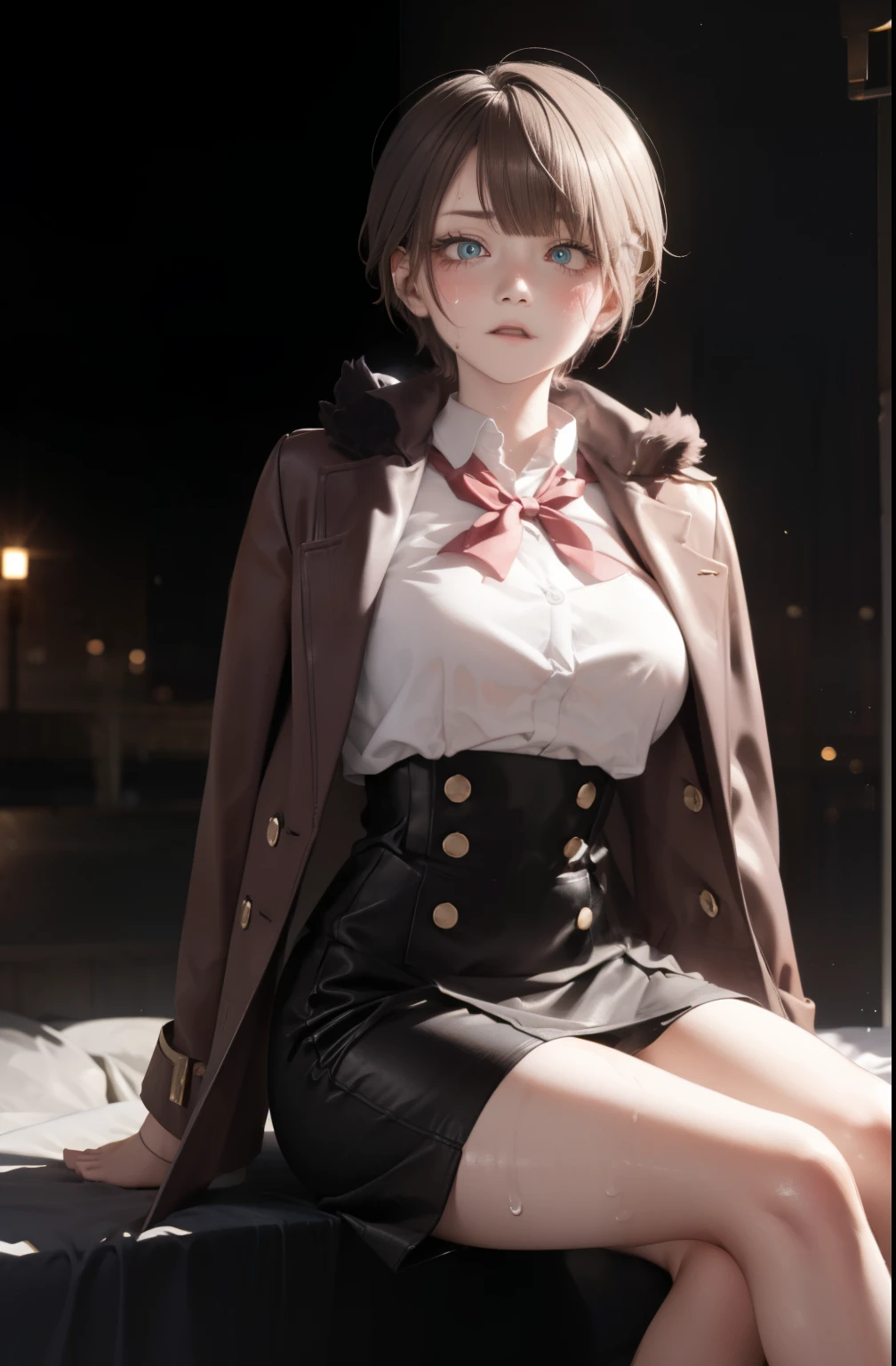 ((masterpiece、high quality、High resolution、4k, 8k, Blue Archive Official Art、live action)),knowledgeable person、detailed face、fine eyes、fine eyes、 (dripping Sweat、oil skin,glowing skin、realistic skin texture、fine and beautiful skin、shiny skin, big breasts、beautiful thighs, mature pretty woman、transparent eyes、sexy、(thin body and limbs,), (random pose) , ((clear eyes、double eyelid、big breasts))、((character : Karin Kakudate Blue Archive))、ぶら下がるbig breastsがシャツから見える、brown coat with fur、night view、night room、dark、lights out、grayscale:27、full of embarrassment、blush、bright red face、shy、((thin、beautiful feet、low length))、standing pose、((vapor,Sweat,what))、(black leather high waist slit skirt、spread your legs),((white of eyes:1.8, shocked face:1.8, comical))