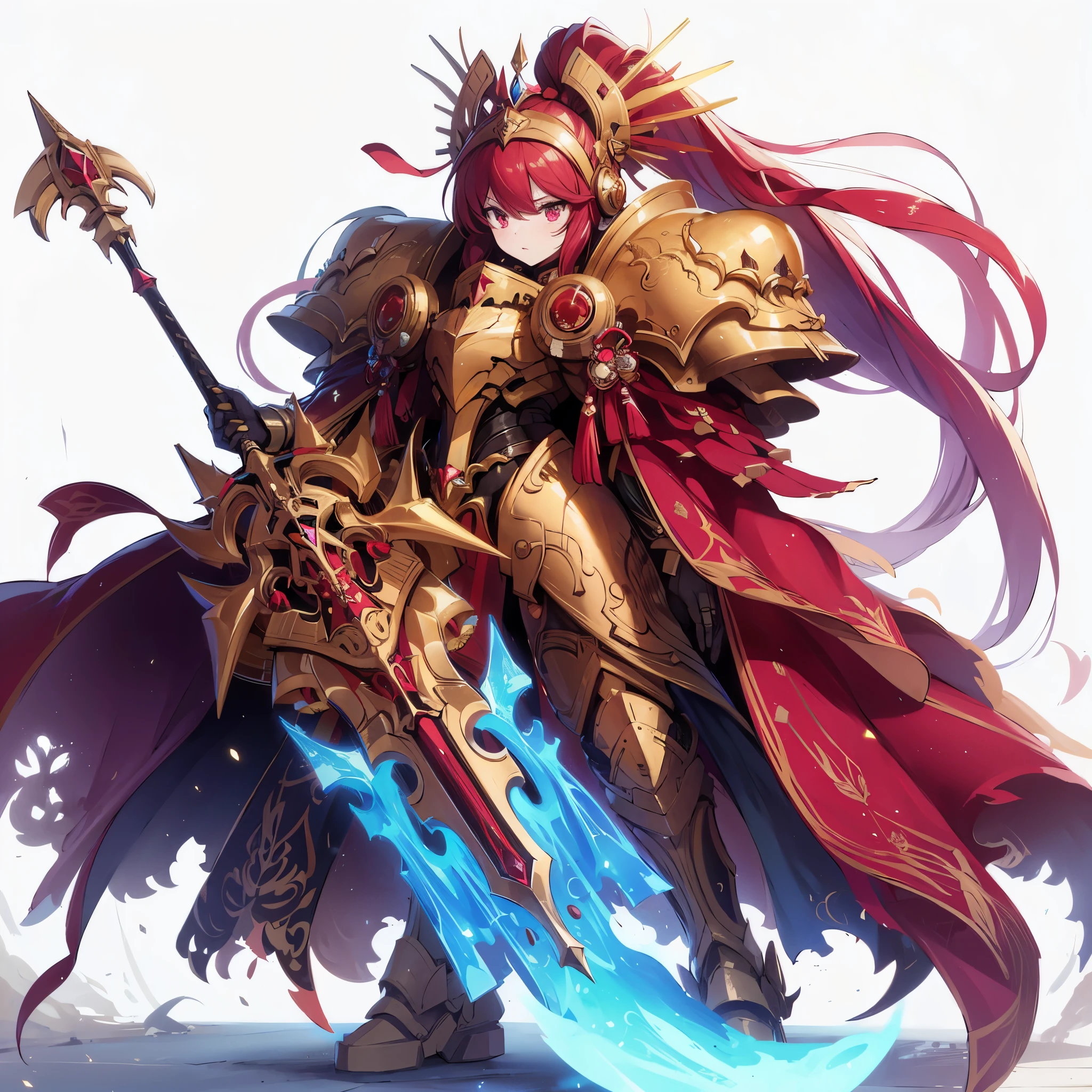Masterpiece, best quality, ultra-detailed, anime style, solo, full body of custodes guard Girl, adeptus custodes, golden heavy power armor, raise up blue discharge luminescent huge halberd, crimson cloak that flutters in the wind, red topknot hair, glowing red eyes, standing on battle ground, 8k high resolution, trending art station, white background, whole body,