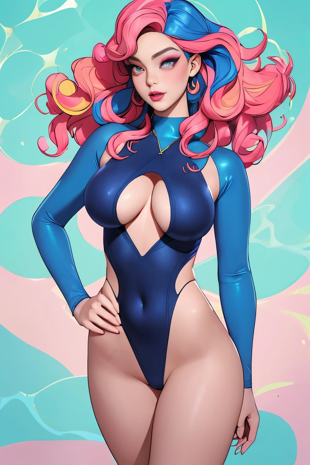 (full length:1.1,detailed:1.1),busty woman，High cut split swimsuit，,Arty,high resolution,Realistic style,colorful,Vibrant background,soft light,expressive eyes,detailed lips,curls,bold makeup,confident posture,femininity,eye-catching pose,positive energy