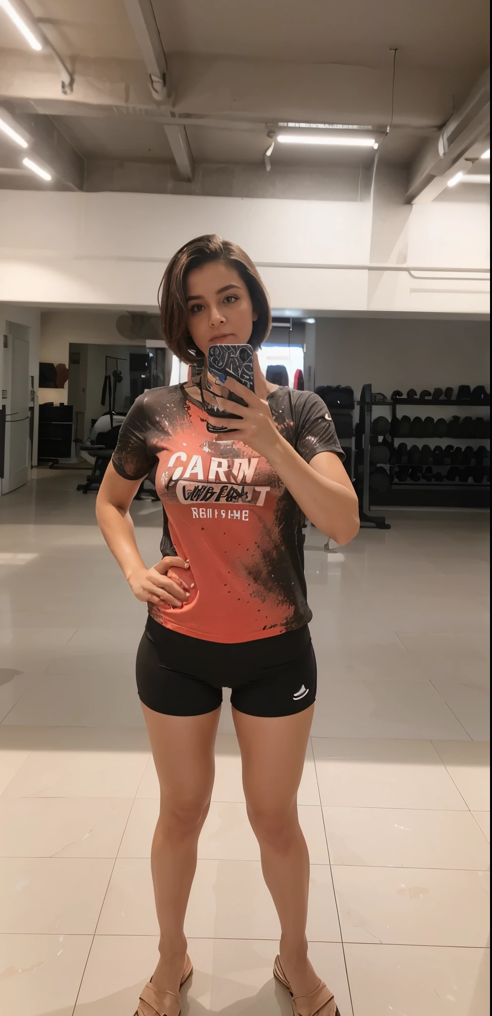 Uma mulher extremamente realista, muito linda, cabelo curto, Channel, short curto, selfie, sexy, bunda grande, pernas grossas, fitness