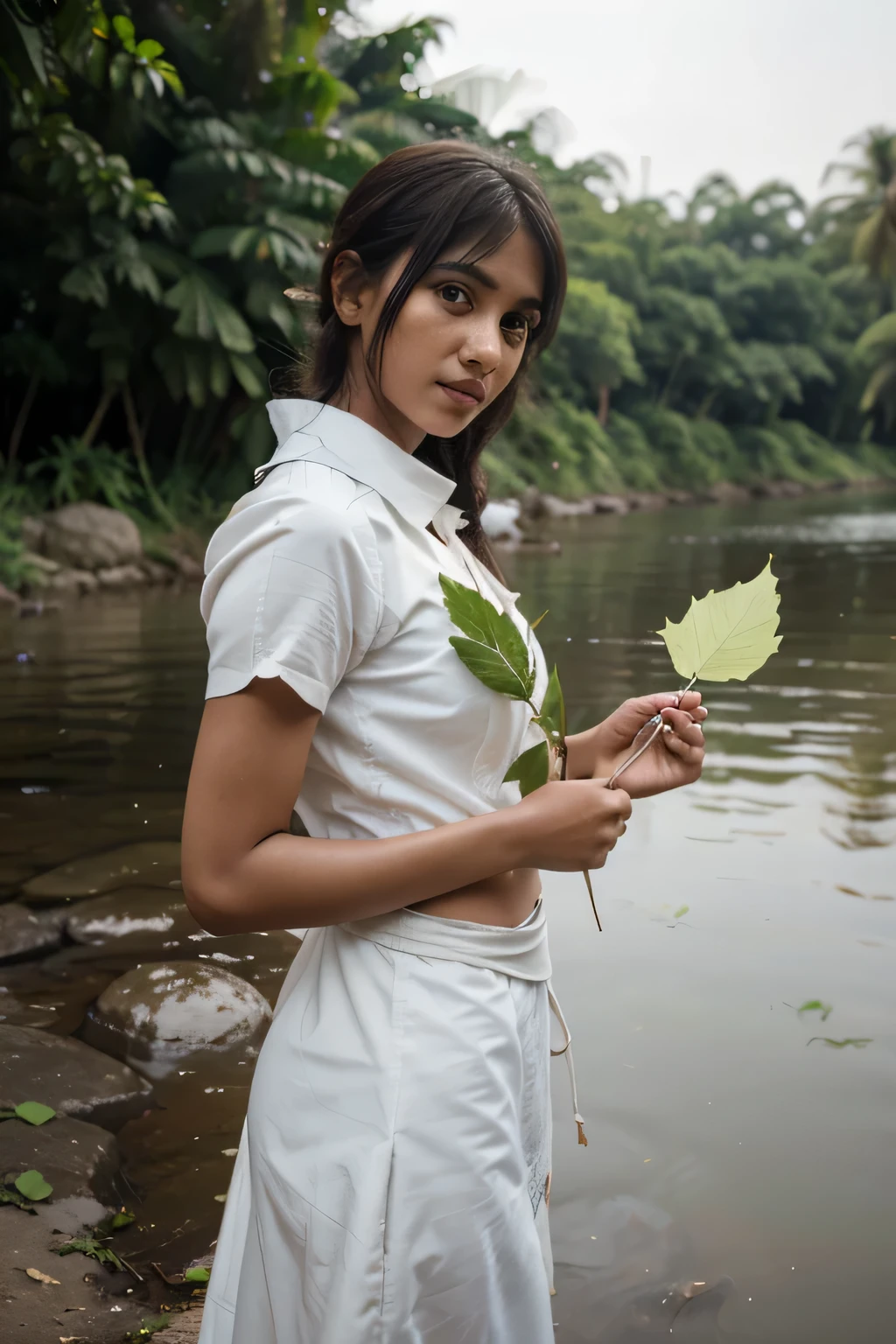 arafed woman,55kg weight,162cm height ,white costume,standing near river ,holding leaf, a pastel by Emma Andijewska, trending on cg society, hurufiyya,candid shot, candid picture, close portrait, long shot,extreme, desi
