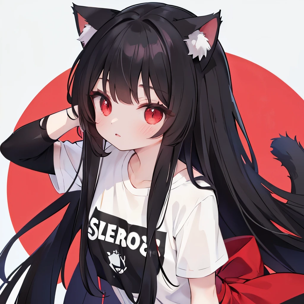 anime girl with black hair and red eyes, black tank top, black jacket, black booty shorts, belly showing, hat, fox ears and tail