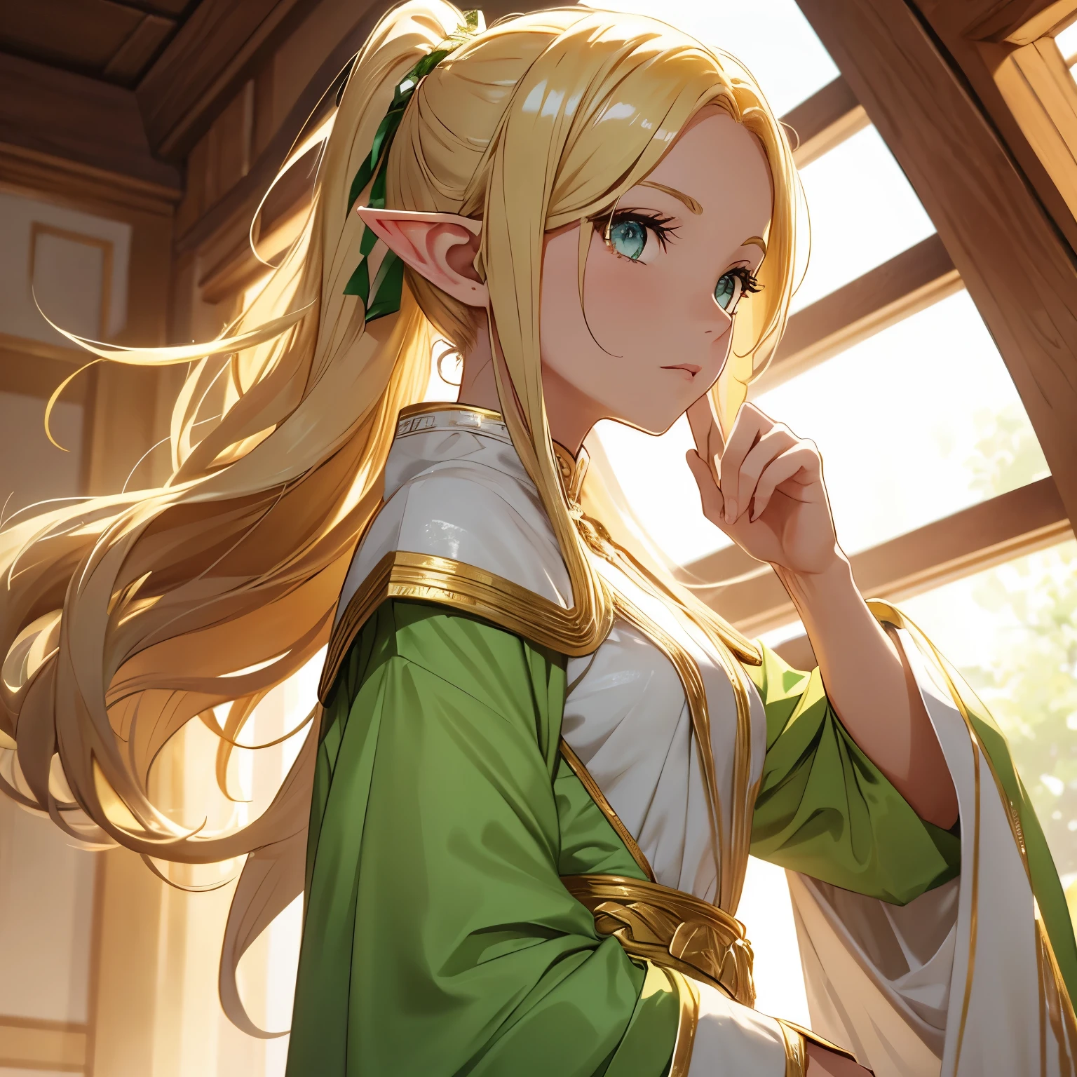 elf with golden hair, ponytail hair, long white clothes adorned with light green, brown eyes