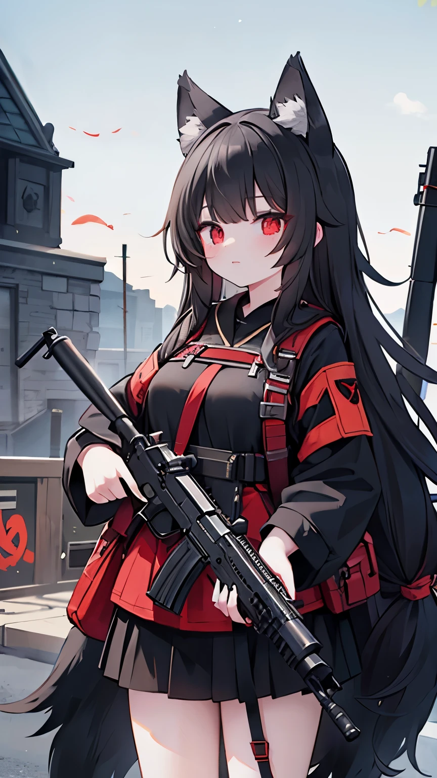long black hair，Wolf-eared maiden，wolf tail，red eyes，Tactical bomb hanging，holding assault rifle