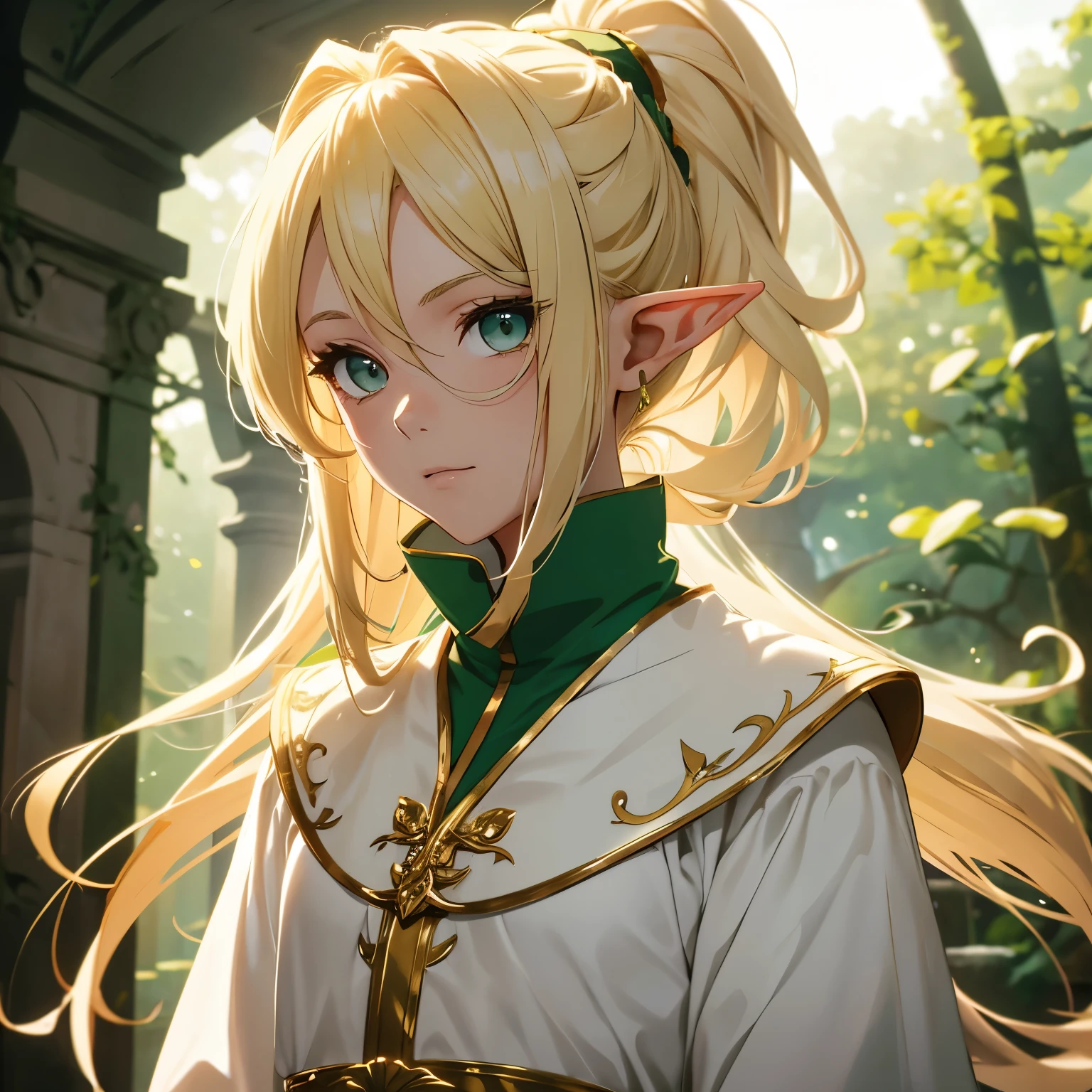 elf with golden hair, ponytail hair, long white clothes adorned with light green, brown eyes