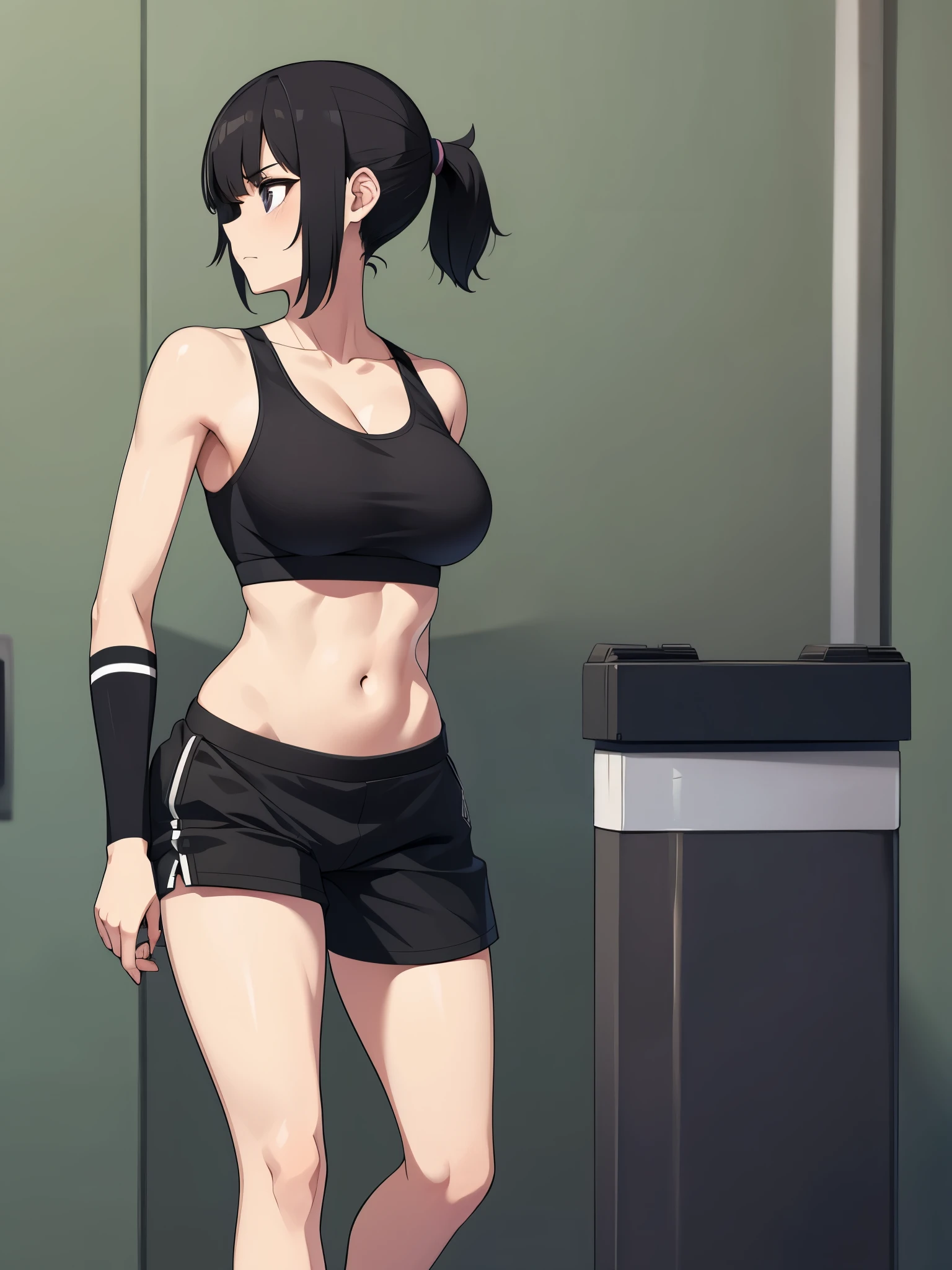 1girl, slim body, short hair, ponytail, black cargo pants, huges breasts, sport bra,