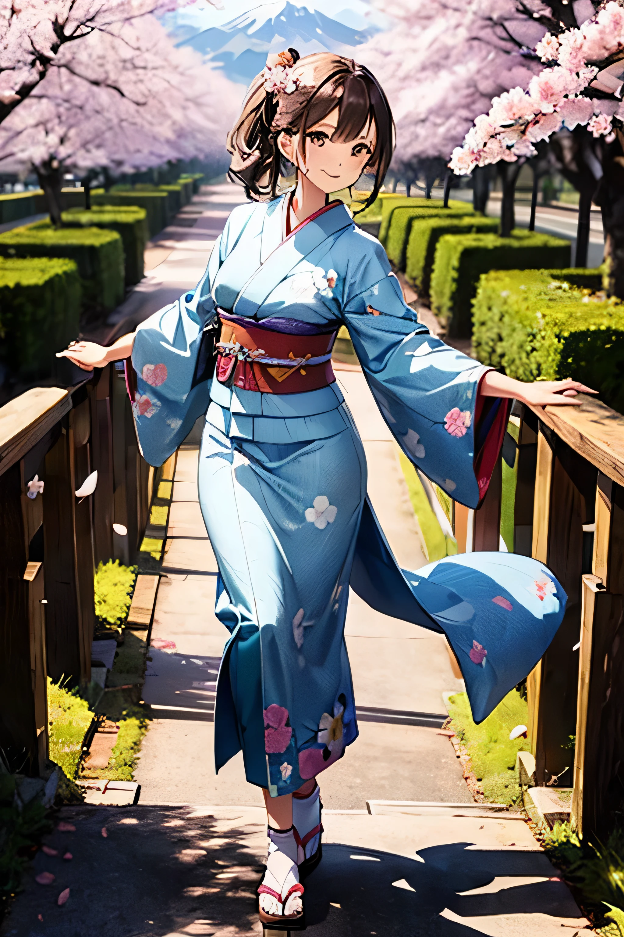 nice girl in her 20s. wearing a kimono, walk across the bridge, japanese landscape, cherry blossoms, Mountains and.Butterbur on the background.A kimono with a floral pattern on shiny pale blue fabric.,ponytail,flying hair,Very delicate and beautiful face,cherry blossomsの髪飾り,Let me'We will dance an intense Japanese dance at,花びらが舞うcherry blossomsの下で,open your arms、place one hand in front of you,beautiful hands,beautiful fingers,full body shot,Shiny light brown and orange striped short hair,cute smile,perfect round face,A cheerful smile that makes the viewer happy,proper body proportions,beautiful hands,beautiful fingers,Detailed functions of fingers,