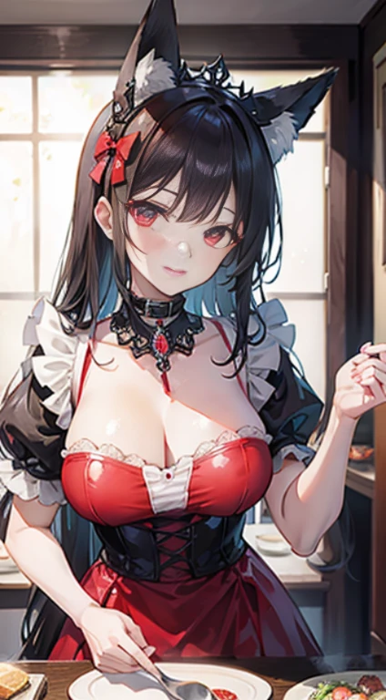 high quality, masterpiece, super detailed, 1 girl,  And clearly visible, alone, Red lace latex maid outfit，maid crown，BDSM,handcuffs，collar，Calm expression,bright red lips，Smile，handcuffs，collar，long black hair, Charming pink eyes, fox ears, ridiculously big, skin shiny, Stand at the table，cooking，Bright restaurant