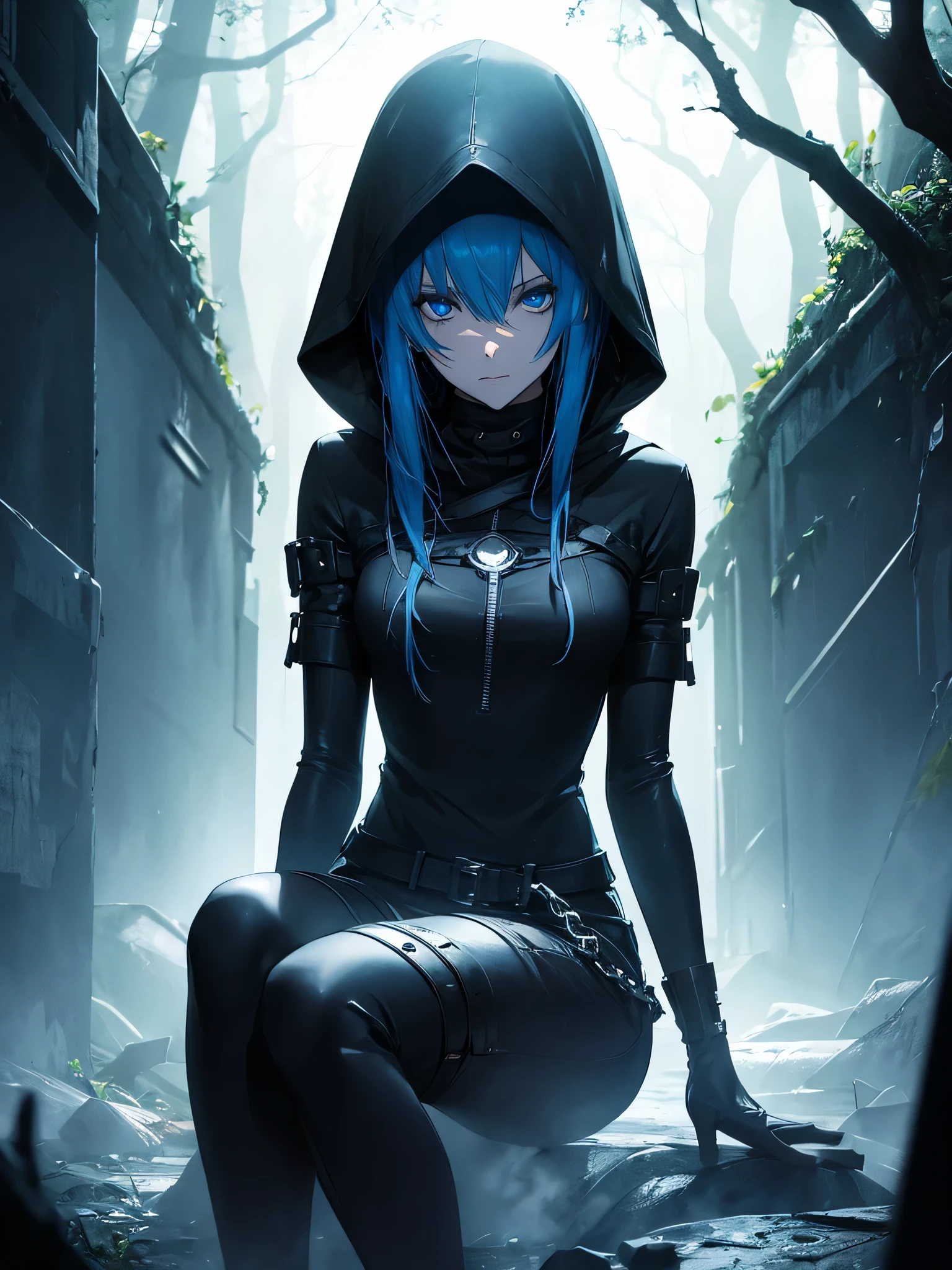 1 only, woman,hood,, masucular body,, shining blue eyes, sit with the tree,,tough soul,,cemetery,,dark black shorts, dark black rose, scared , fantasy jungle,Red moonlight, scared映画のようなショット,((masterpiece, highest quality, )),