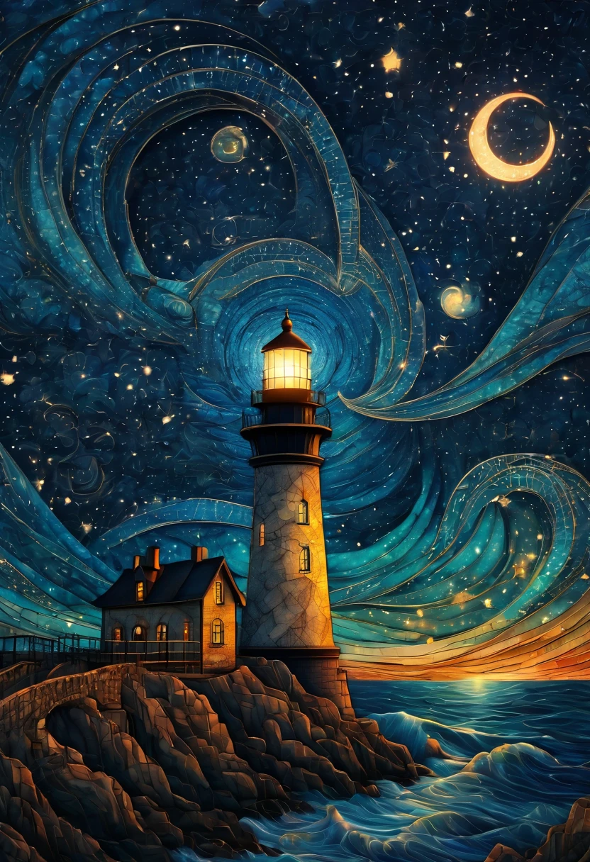 Magical starry cracked sky. zentangle art deco style Lighthouse, art deco style science fiction, magical art deco style future sea in background, vincent van gogh, about the curvature of space time, dark tones, (best quality,4k,8k,highres,masterpiece:1.2),ultra-detailed,(realistic,photorealistic,photo-realistic:1.37), aerial view, from above,