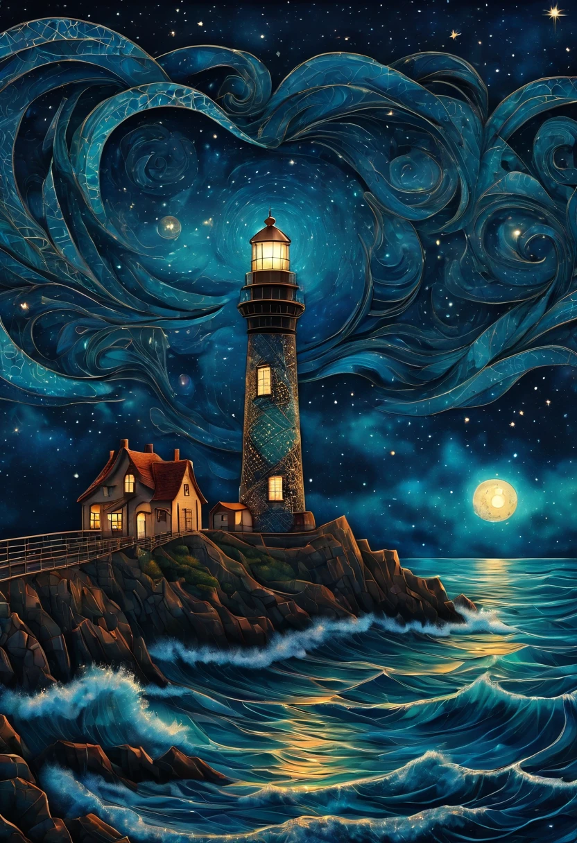 Magical starry cracked sky. zentangle art deco style Lighthouse, art deco style science fiction, magical art deco style future sea in background, vincent van gogh, about the curvature of space time, dark tones, (best quality,4k,8k,highres,masterpiece:1.2),ultra-detailed,(realistic,photorealistic,photo-realistic:1.37), aerial view, from above,