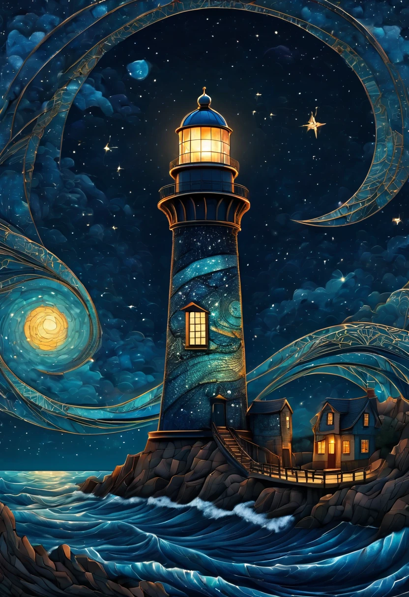 Magical starry cracked sky. zentangle art deco style Lighthouse, art deco style science fiction, magical art deco style future sea in background, vincent van gogh, about the curvature of space time, dark tones, (best quality,4k,8k,highres,masterpiece:1.2),ultra-detailed,(realistic,photorealistic,photo-realistic:1.37), aerial view, from above,